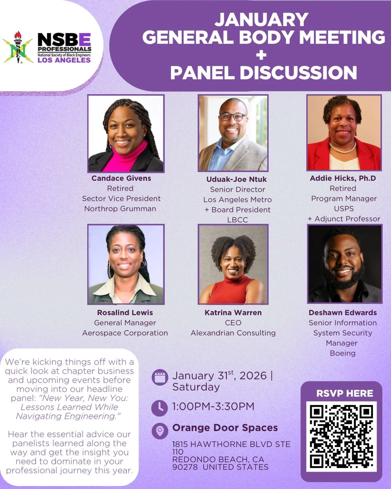 TODAY!
✨ Join us for the NSBE Los Angeles January General Body Meeting + Panel Discussion ✨

We&rsquo;re kicking off the year with powerful insights from leaders across aerospace, engineering, security, and consulting during our panel:
&ldquo;New Yea