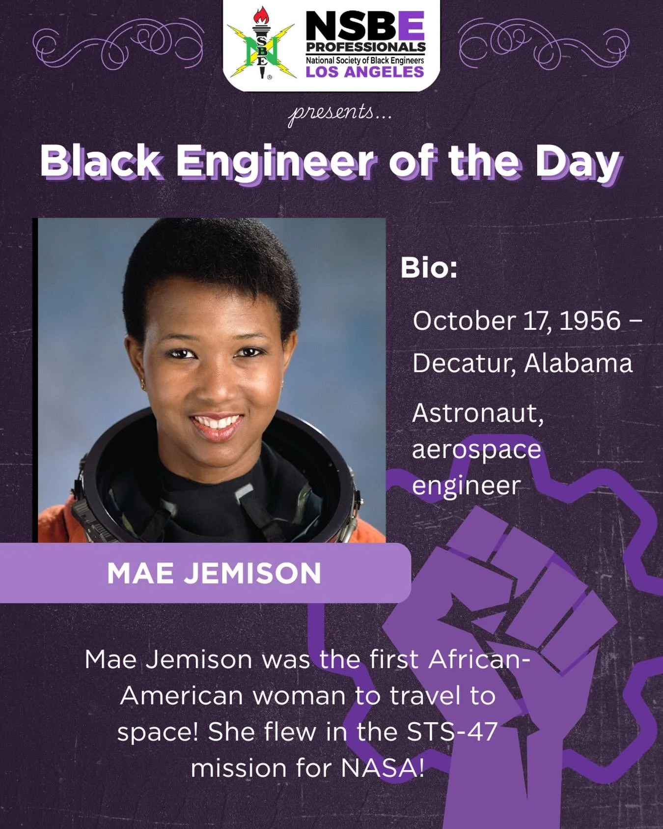 Reaching for the stars and redefining what&rsquo;s possible 🚀✨

Today&rsquo;s Black Engineer of the Day honors Mae Jemison &mdash; astronaut, aerospace engineer, and the first African American woman to travel to space. From Decatur, Alabama to orbit