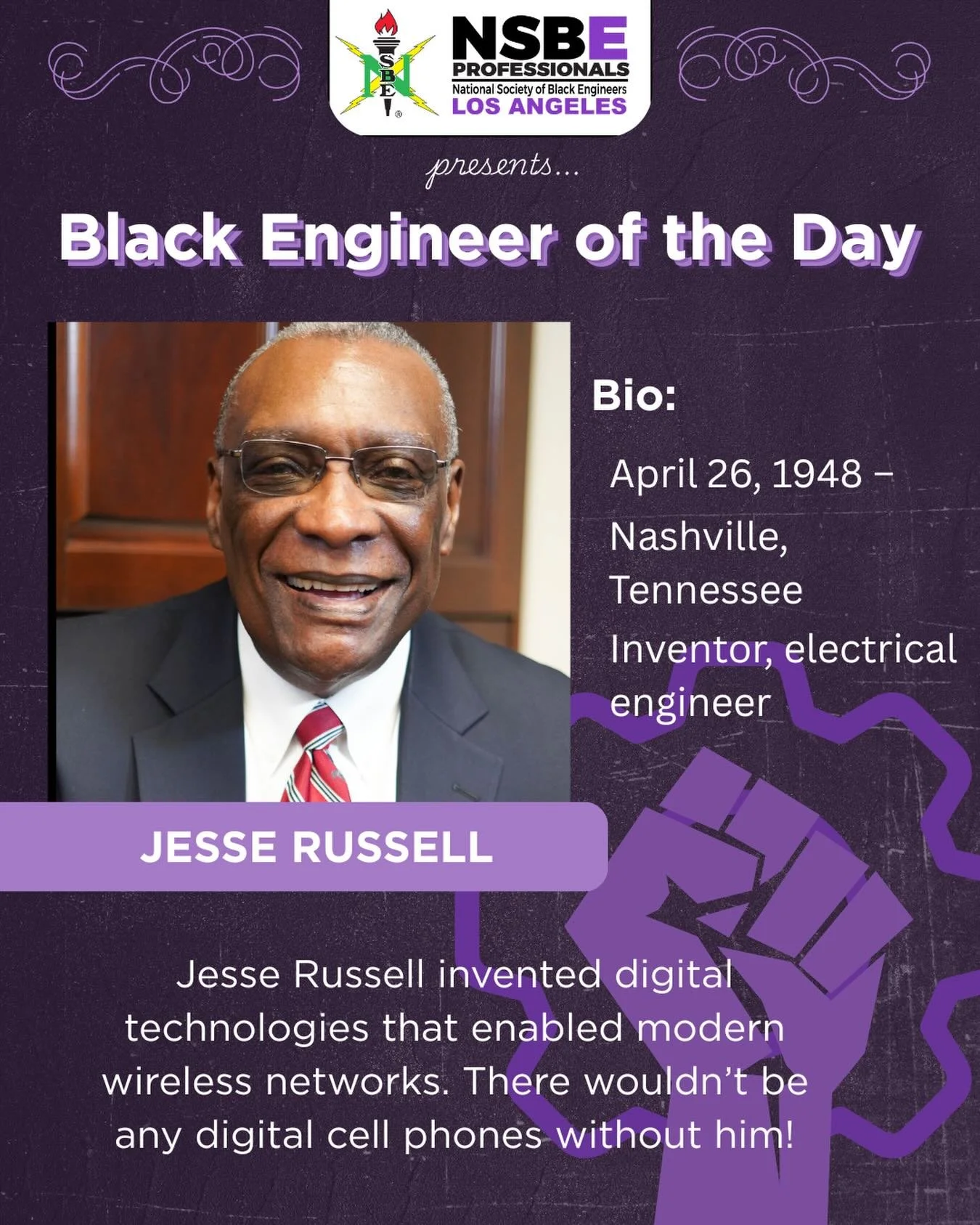 Powering the world we stay connected to every day 📱⚡

Today&rsquo;s Black Engineer of the Day honors Jesse Russell &mdash; inventor and electrical engineer whose groundbreaking digital technologies made modern wireless networks and cell phones possi