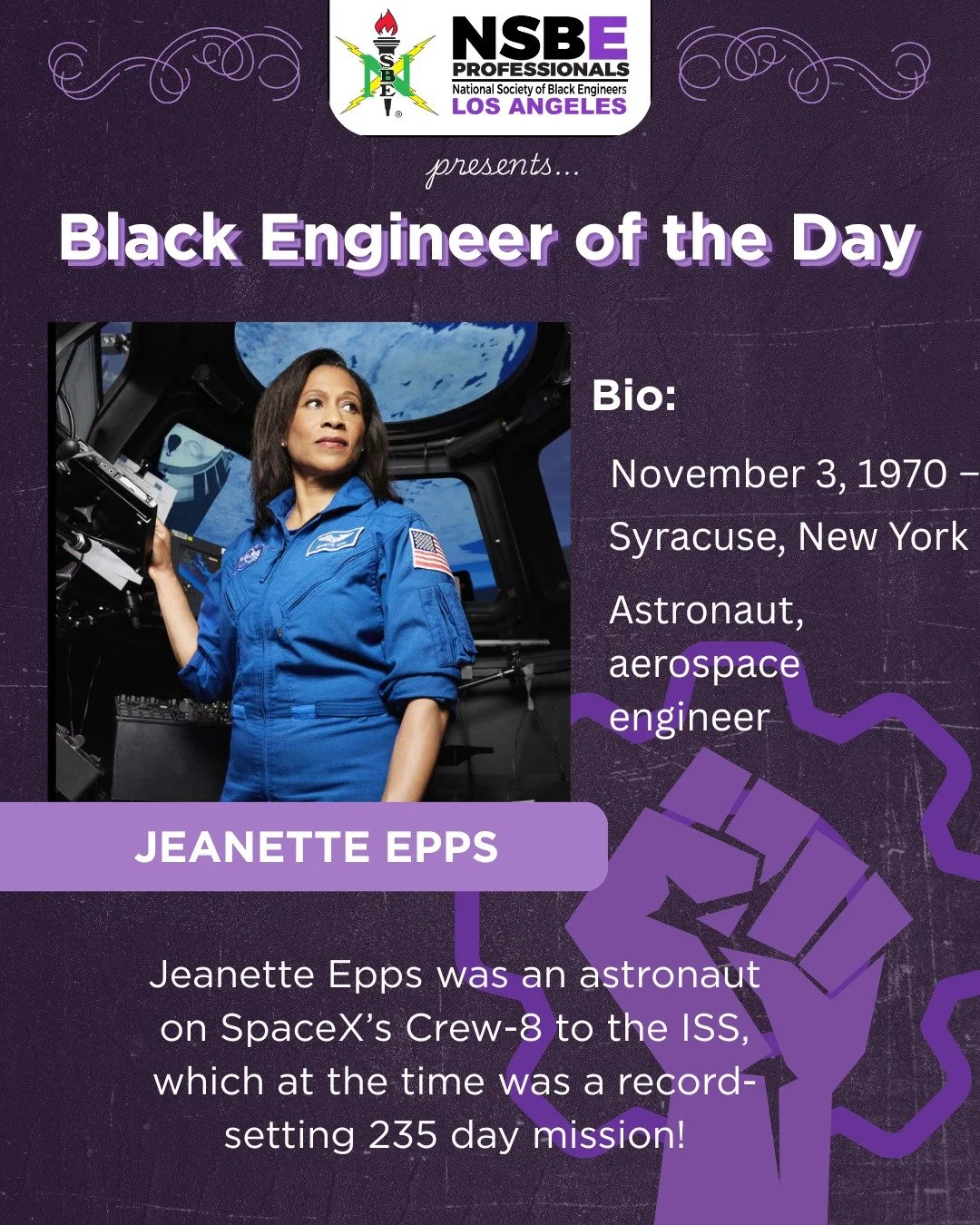 🏆 Black Engineer of the Day: Dr. Jeanette Epps

Dr. Jeanette Epps is a distinguished aerospace engineer and NASA astronaut whose career represents the pinnacle of technical resilience and orbital expertise. Often recognized for her endurance in the 
