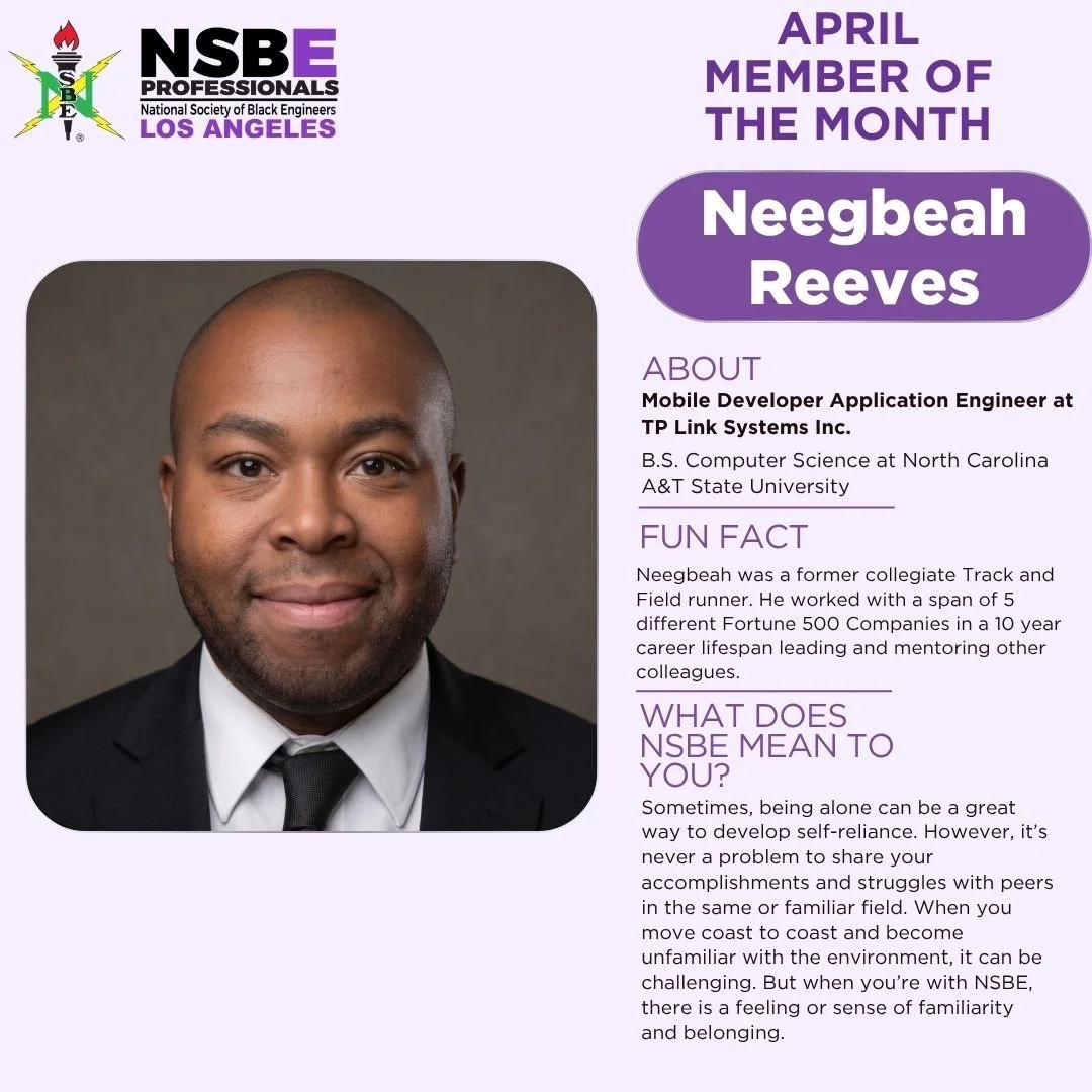 🚨 Member of the Month Spotlight 🚨 

Help us celebrate our April Member of the Month: Neegbeah Reeves 👏🏾✨ 

Neegbeah is a Mobile Developer Application Engineer at TP-Link Systems Inc., holding a B.S. in Computer Science from North Carolina A&amp;T