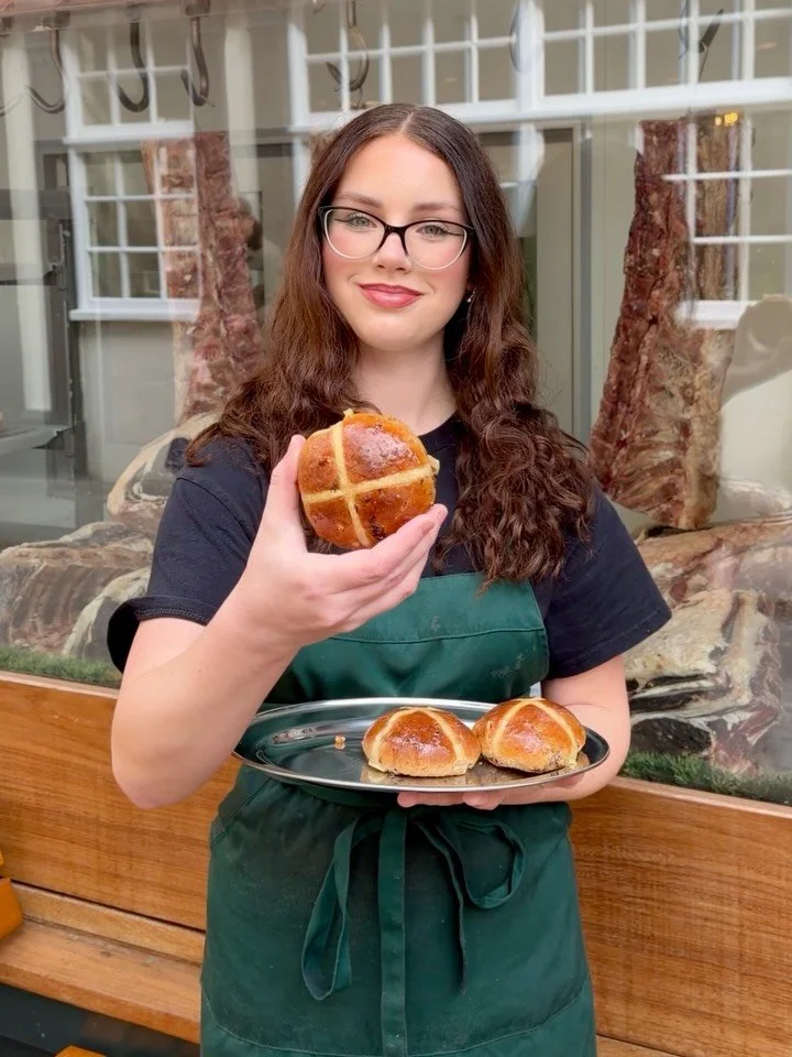 Hot cross buns.

Served all day, toasted with butter.