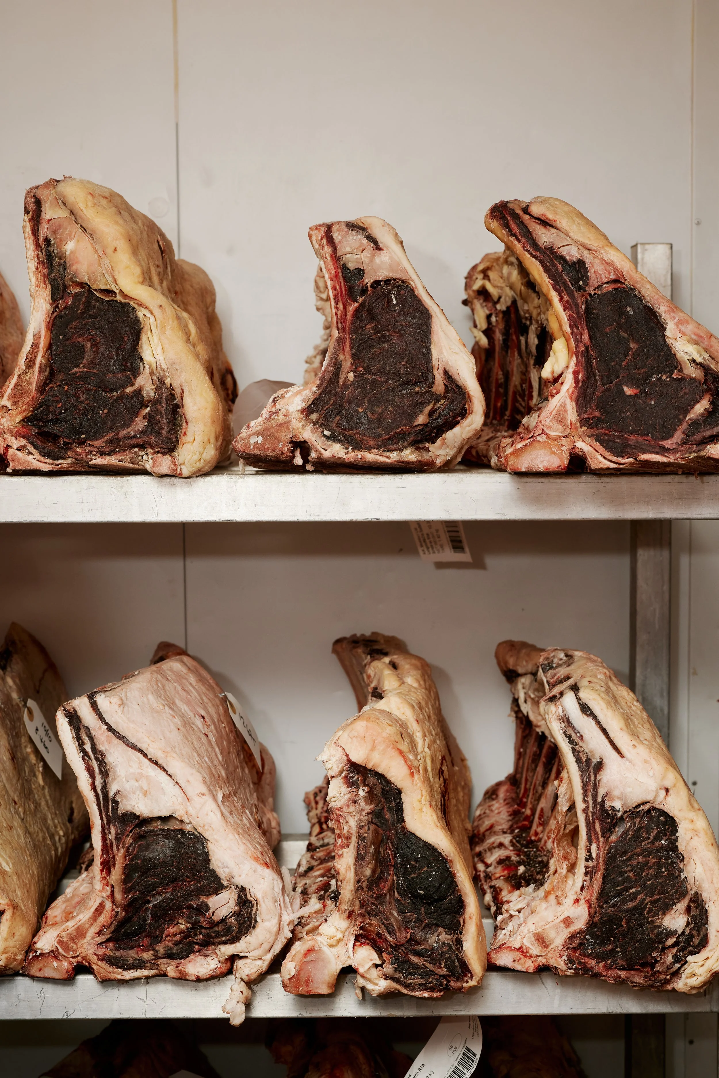 Large cuts of beef, likely short ribs or other bone-in beef cuts, stored on metal shelves in a butcher shop or meat storage area.