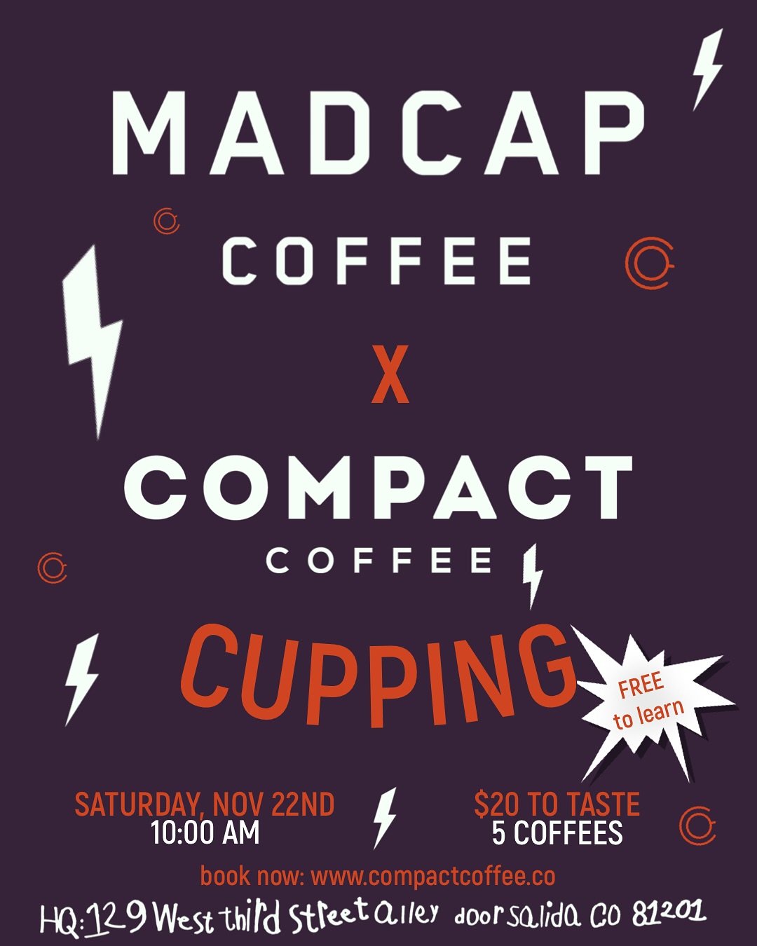 🎉Madcap Coffee is COMING from Grand Rapids, MI to Salida, CO as Compact&rsquo;s first roaster guest to do a cupping with you THIS Saturday, Nov 22nd at 10am!! 🎉
This is FREE to attend, but there are limited tickets available to taste the 5 beautifu