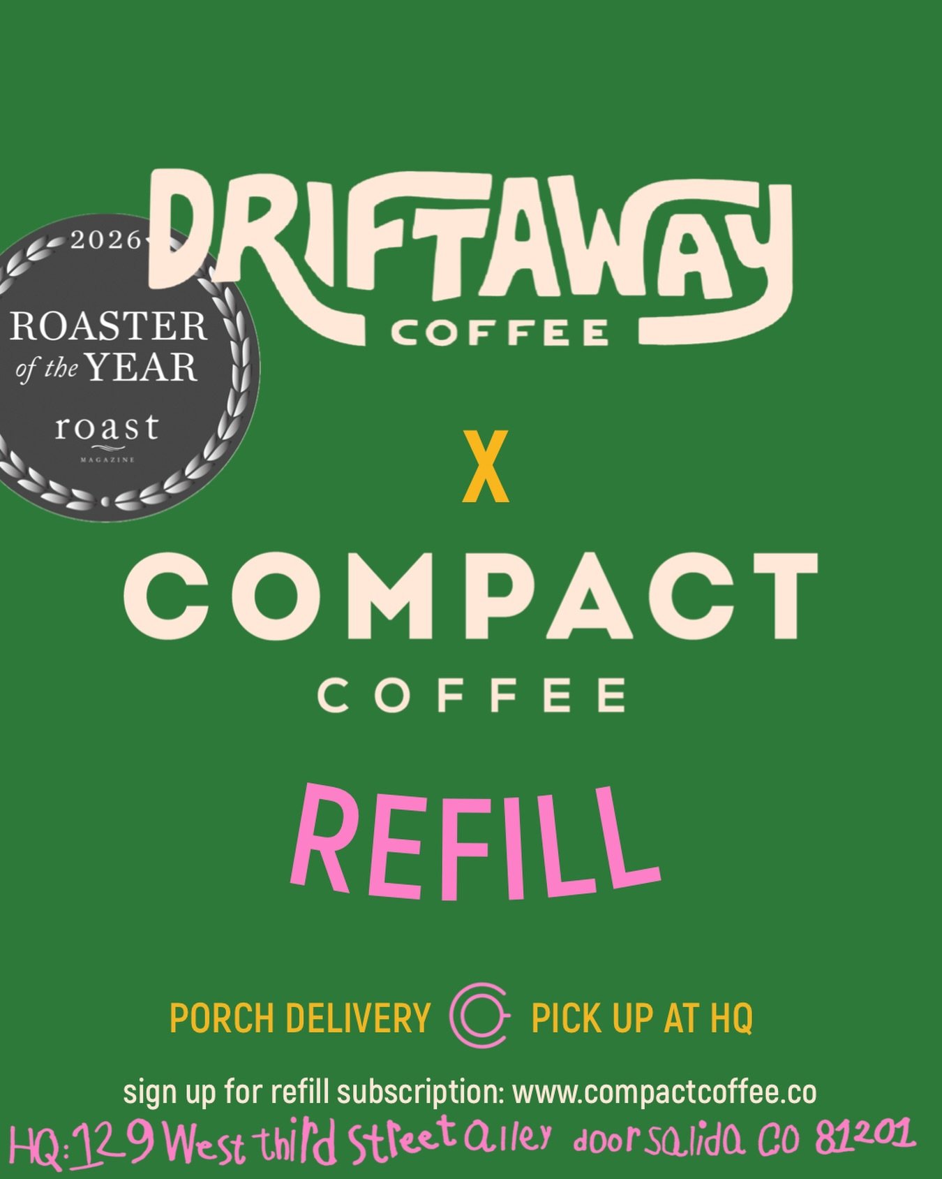 @driftawaycoffee x @compact.coffee
🏆We are so very honored to have 2026 Roaster of the Year @roastmagazine as our newest refill partner! We just got their coffee in and it&rsquo;s already almost all out the door so don&rsquo;t wait to join the club 