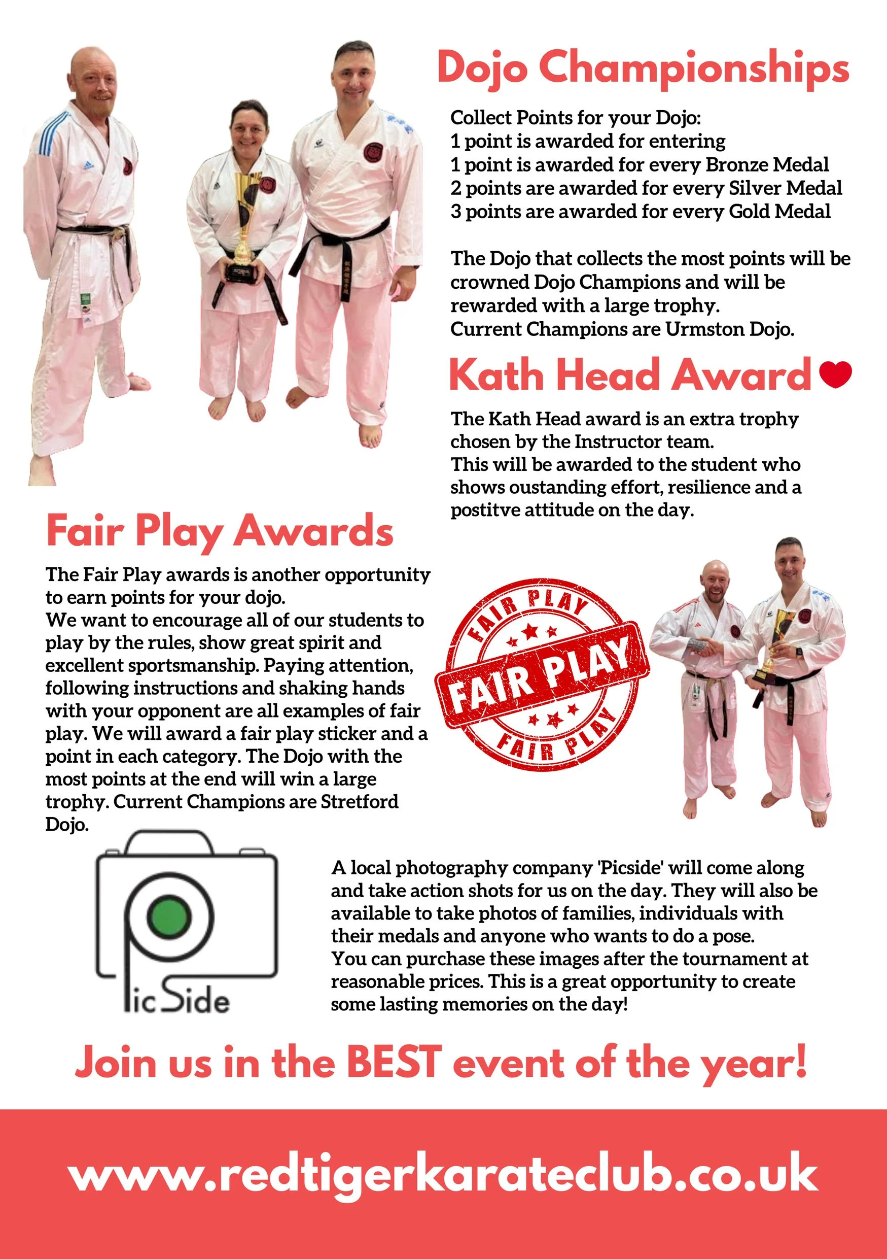 Flyer for a karate dojo tournament featuring three instructors in white karate uniforms, a competition scoreboard, and award details including the Dojo Championships, Kath Head Award, and Fair Play Awards. The flyer also promotes event photos by a lo