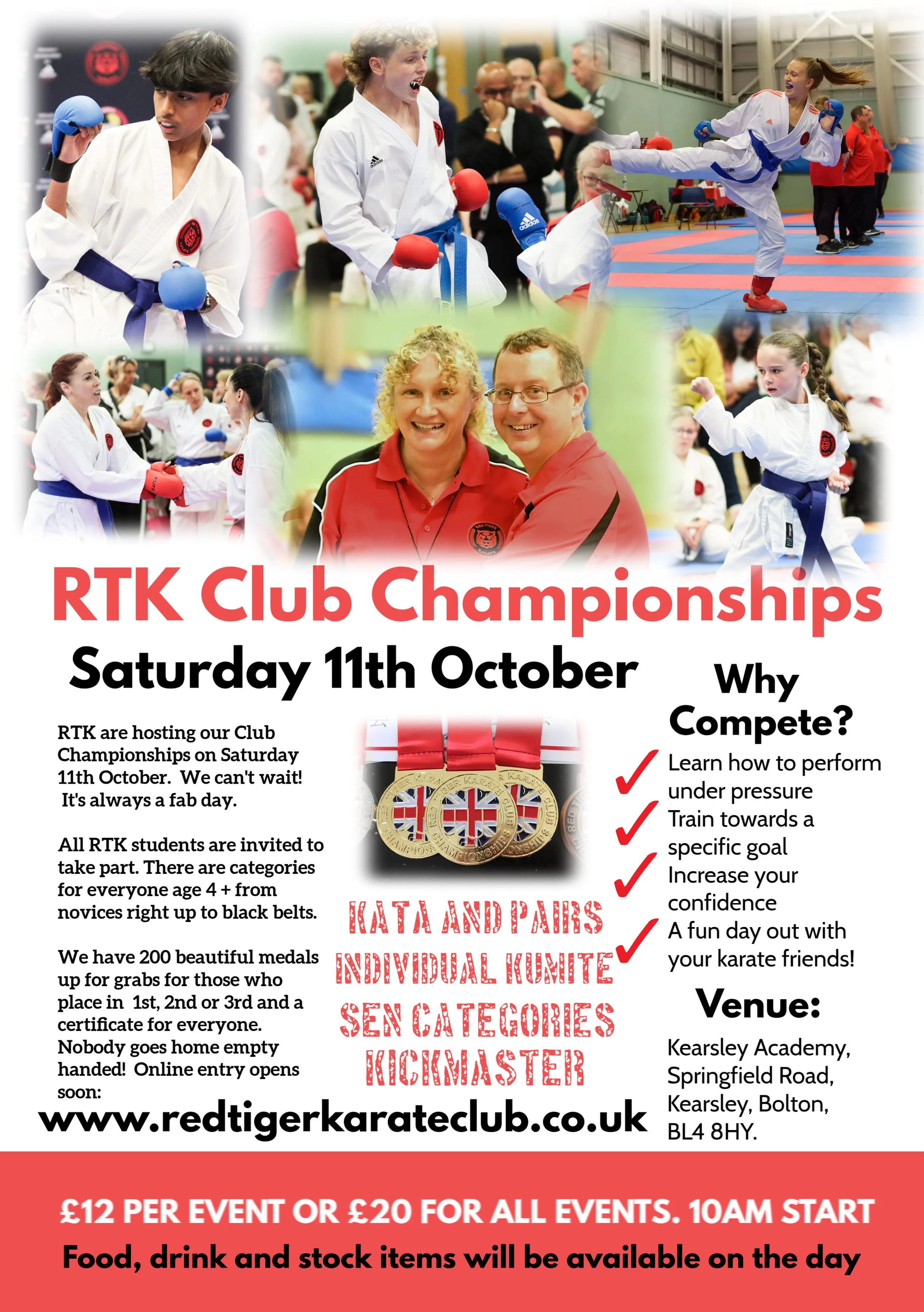 Poster for RTK Club Championships featuring photos of karate practitioners competing and receiving medals, with event details and a picture of medals.