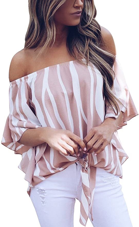 Asvivid Floral Off the Shoulder Tie Know Blouse