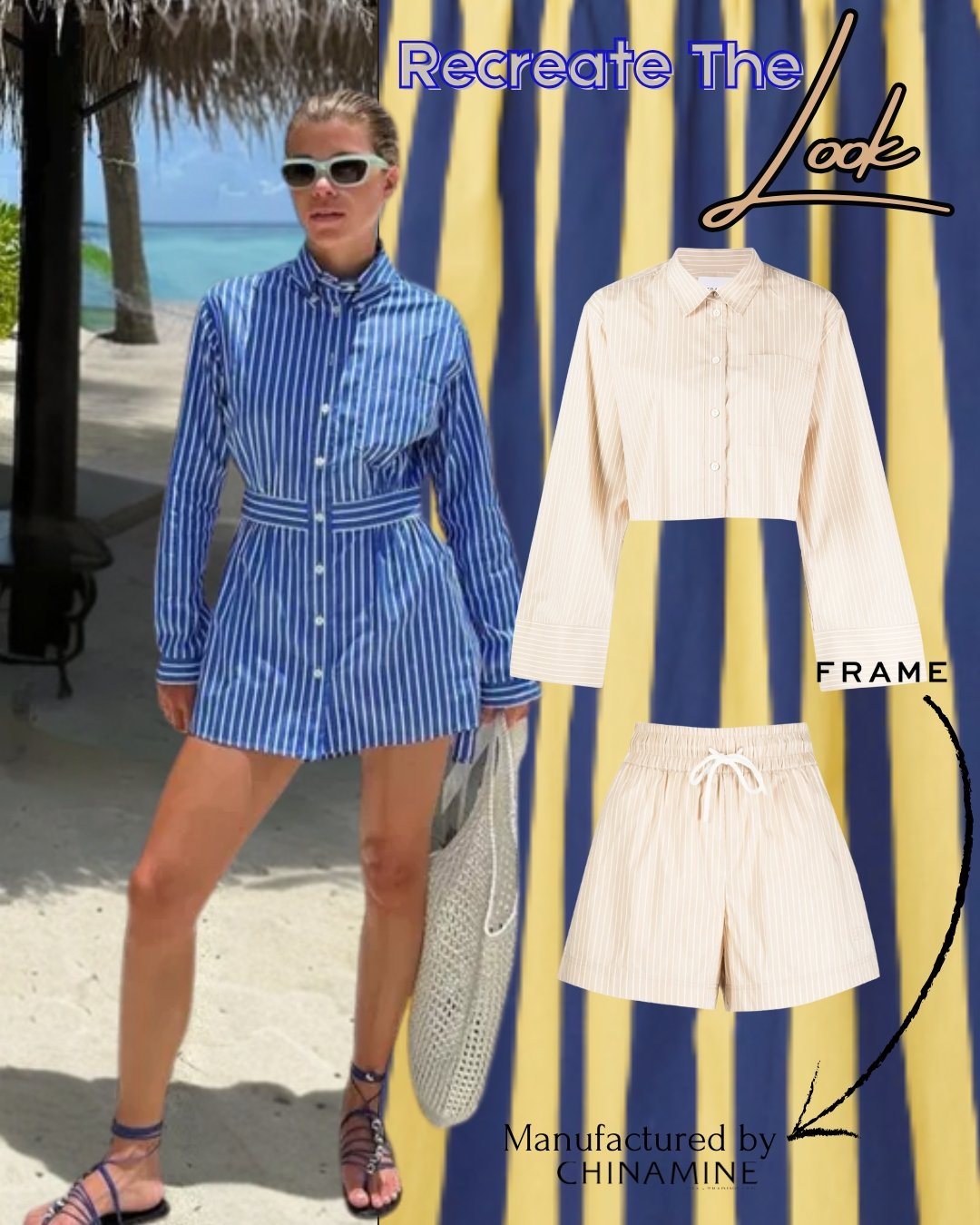 Vacation-ready and effortlessly polished&mdash;this Sophia Richie-inspired look is your summer uniform ☀️💙
Recreate the vibe with lightweight stripes, relaxed tailoring, and timeless style.
Manufactured by Chinamine for FRAME, where quality meets co