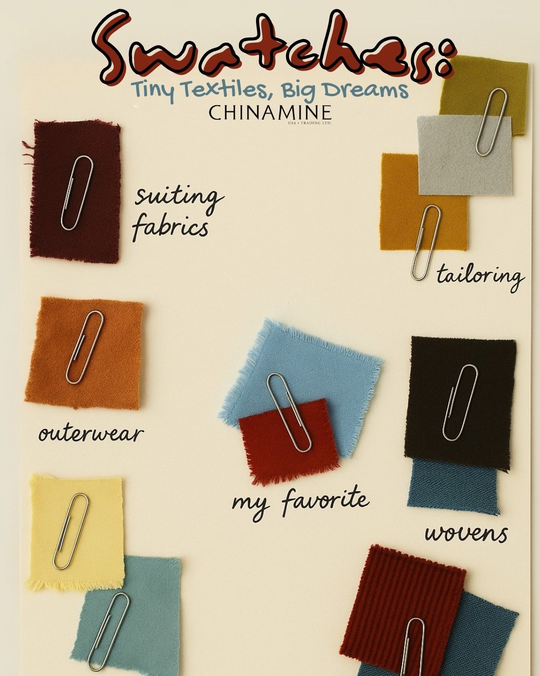 Every collection starts with a single square&mdash;texture, color, and possibility in the palm of your hand. At Chinamine, we believe these tiny textiles hold the blueprint to bold ideas and beautiful execution. From concept boards to final cuts, it 