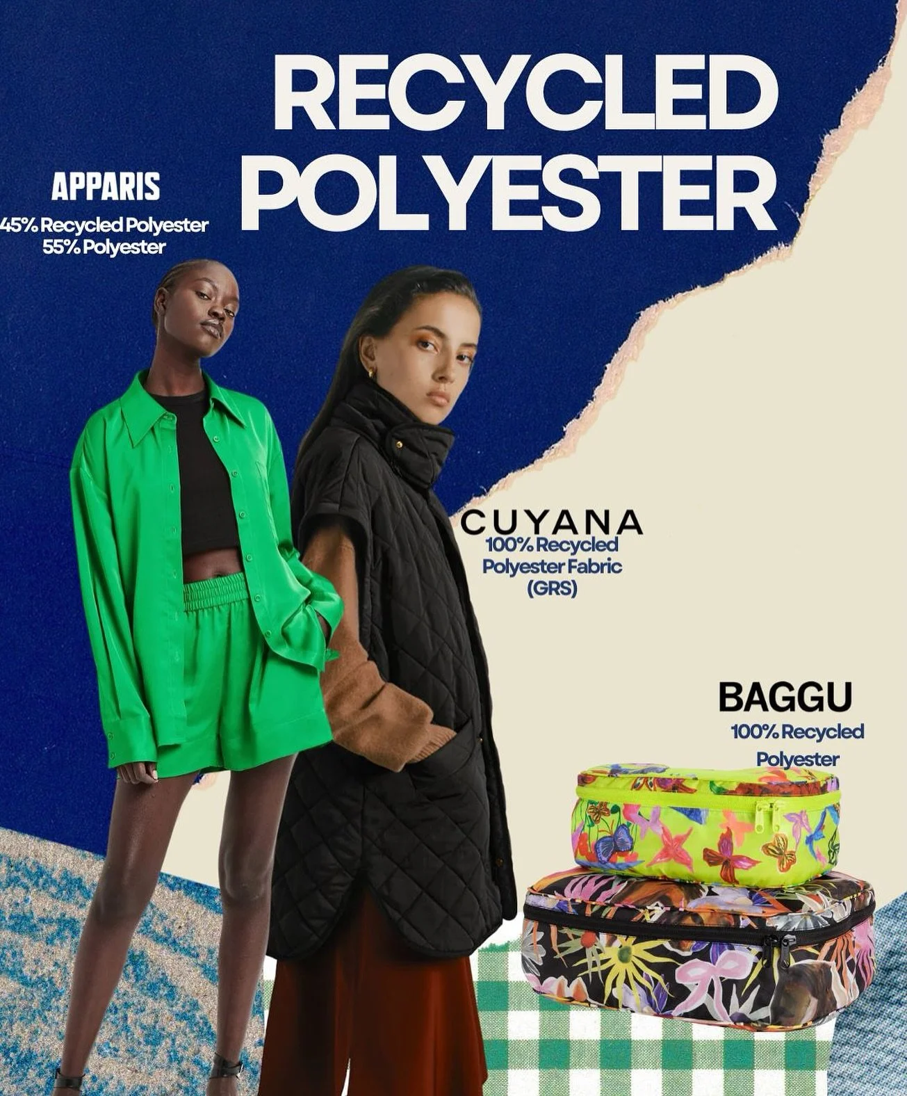 Sustainability, but make it fashion 👗✨
Recycled polyester is the new cool girl fabric: less waste, more style. From APPARIS’ neon power looks to CUYANA’s timeless layers to BAGGU’s playful prints, recycled never looked so good.
We
