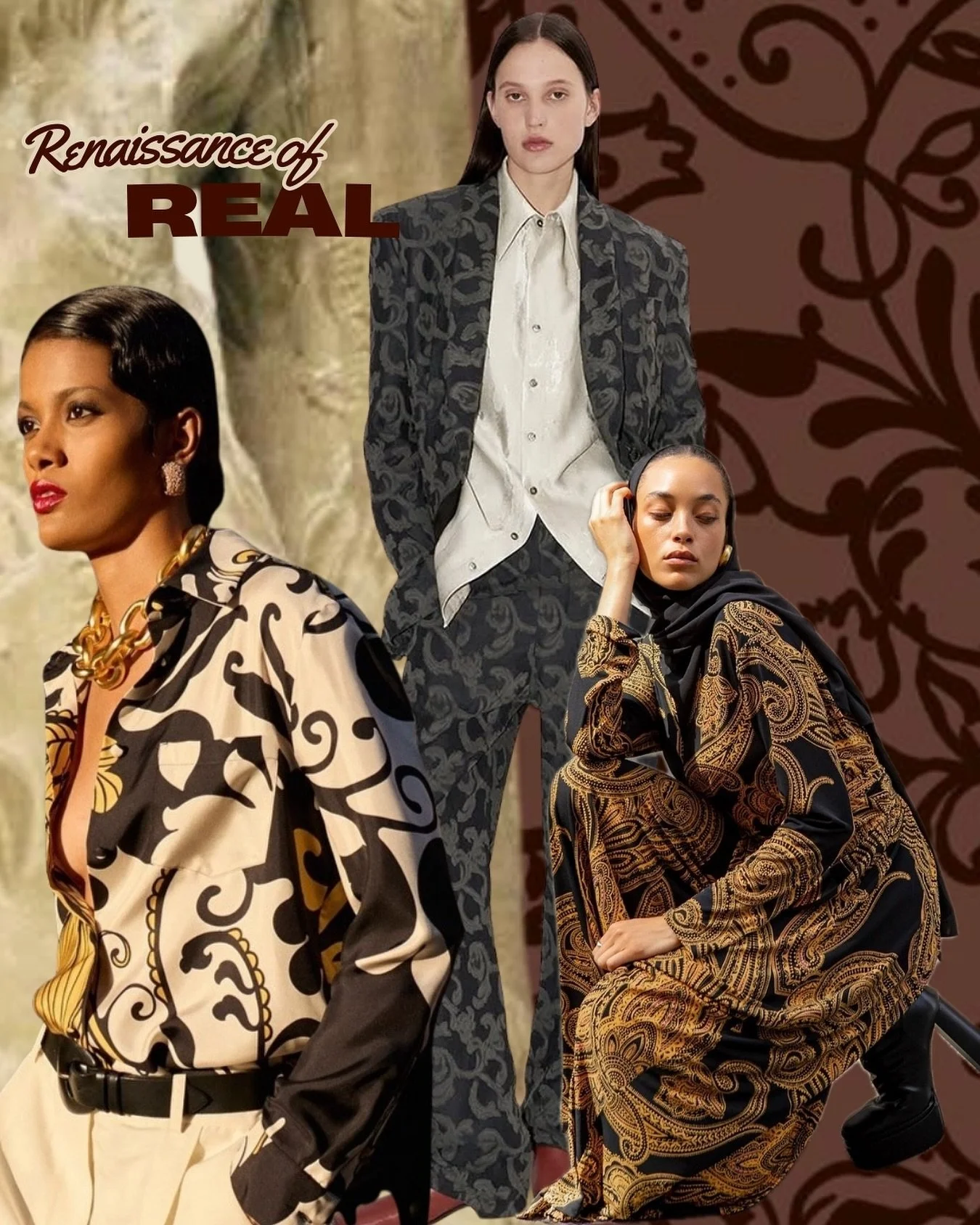 The vibe for fall 🍁 Renaissance prints but make it unapologetically real 🖤 From baroque swirls to statement tailoring, it’s giving history lesson with a plot twist. 
Would you rock it loud or low-key? 👀✨ #RenaissanceOfReal #TrendWatch