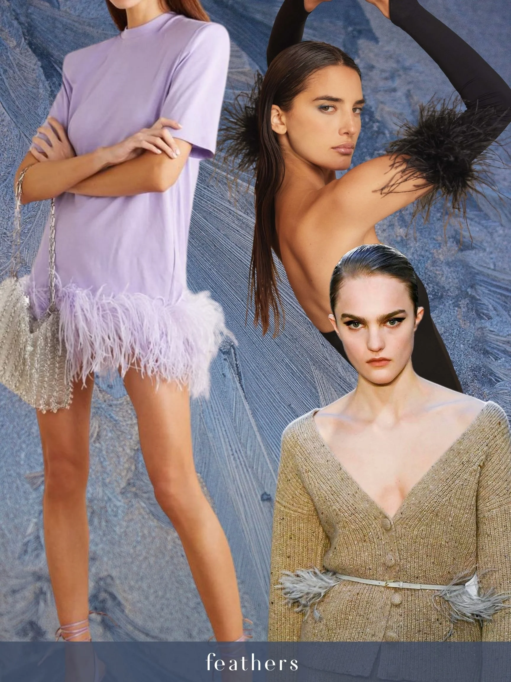 Collage of three fashion models wearing feathered clothing and accessories, with a textured blue background. The word 'feathers' appears at the bottom.