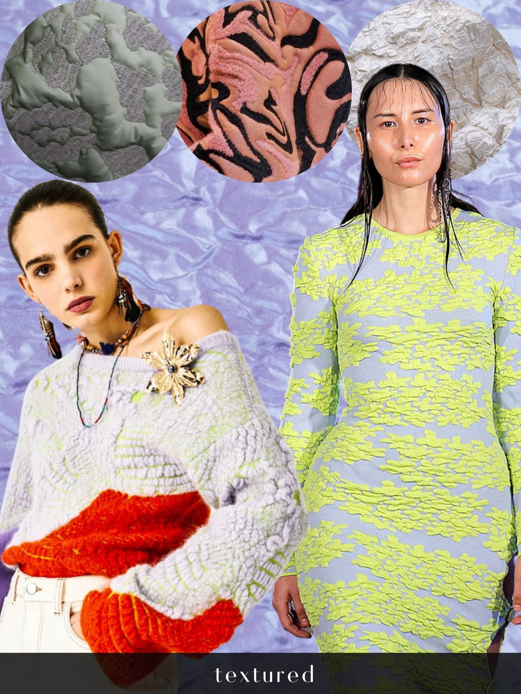 Two women in colorful, textured clothing with crumpled purple background, featuring three close-up fabric textures in circles at the top.