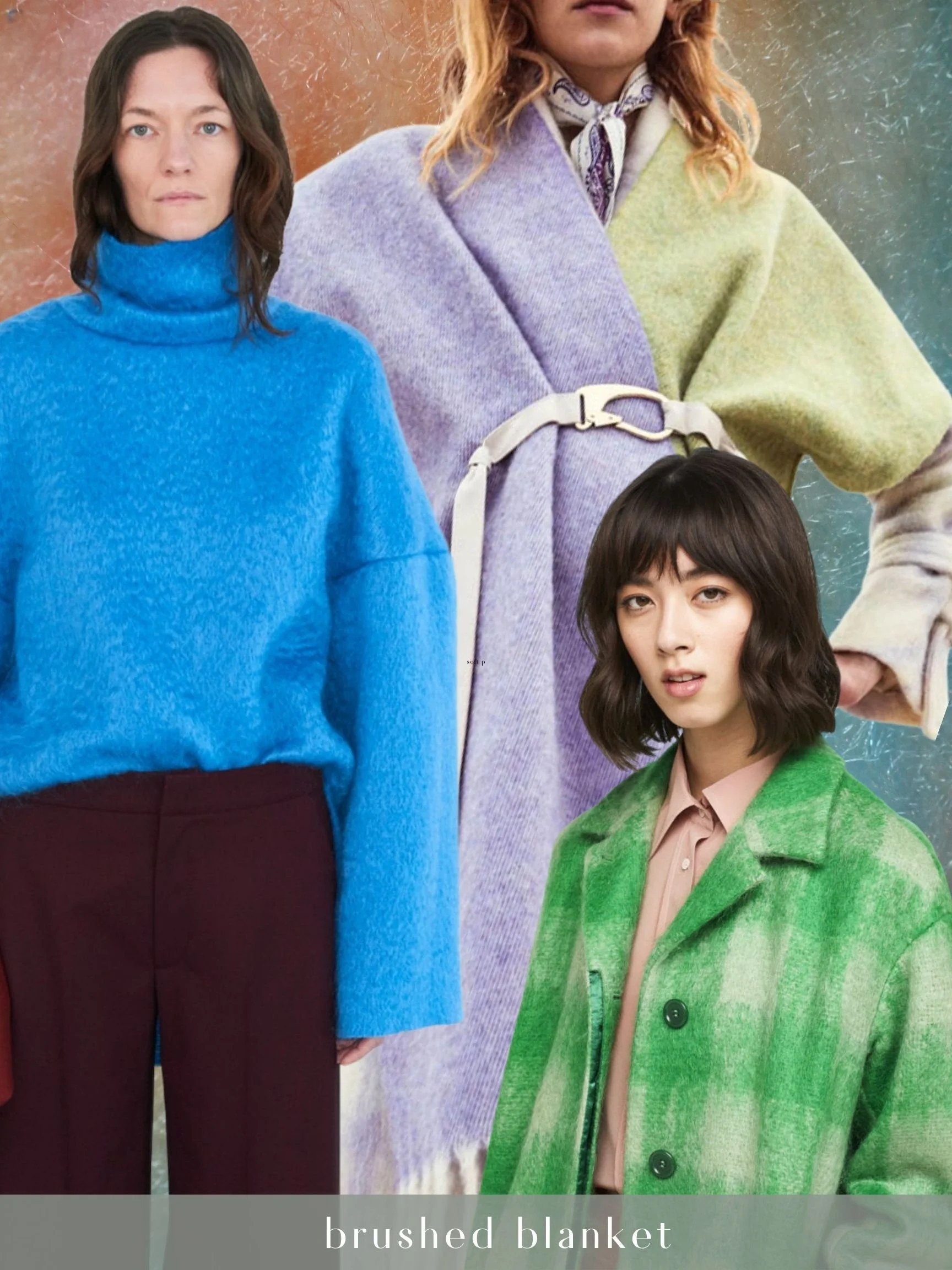 Colorful image of three women wearing brushed blankets in different colors: blue, purple, and green.