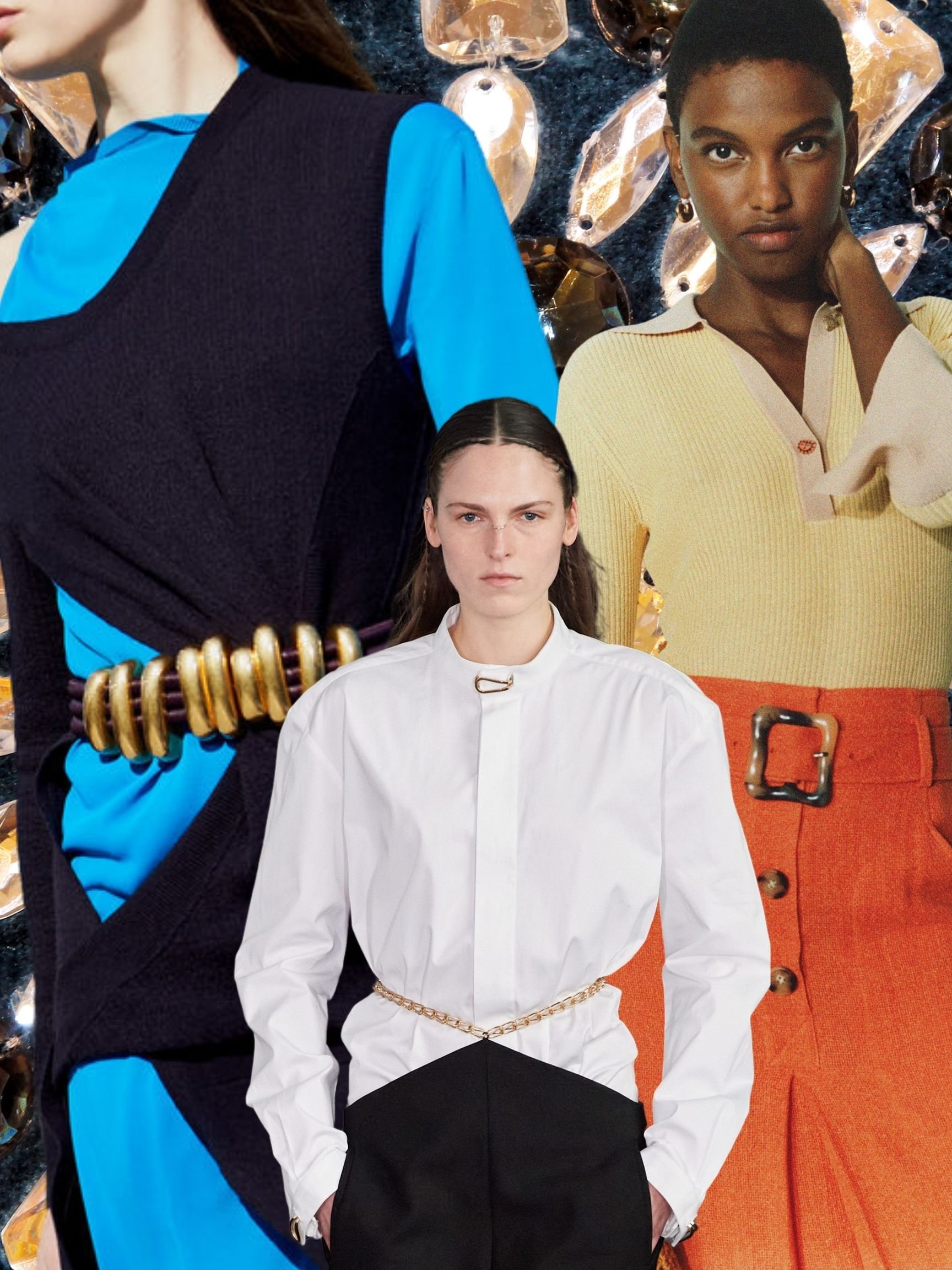 Three women in colorful fashion clothing standing in front of a background with large gemstone-like elements.