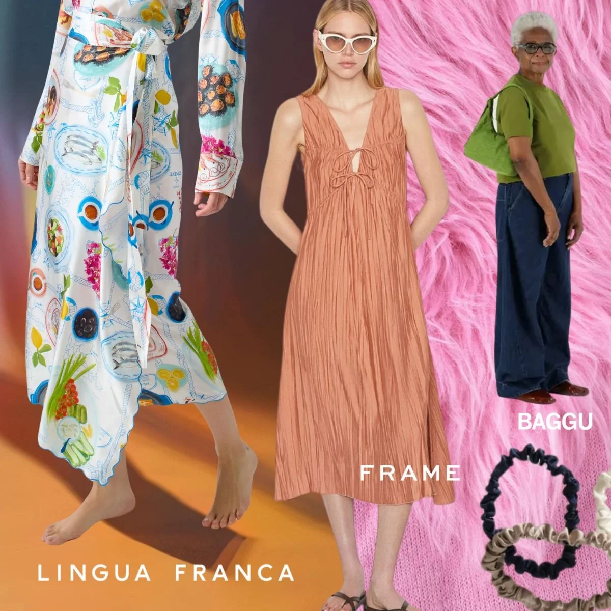Collage of fashion items including a model in floral pants, a white blouse, silver metallic bag, fur-patterned bucket hat, colorful Baggu pouch, and a woman wearing a pink top with green pants, against a red quilted background with a zipper. Text reads "Manufactured by CHINAMINE."