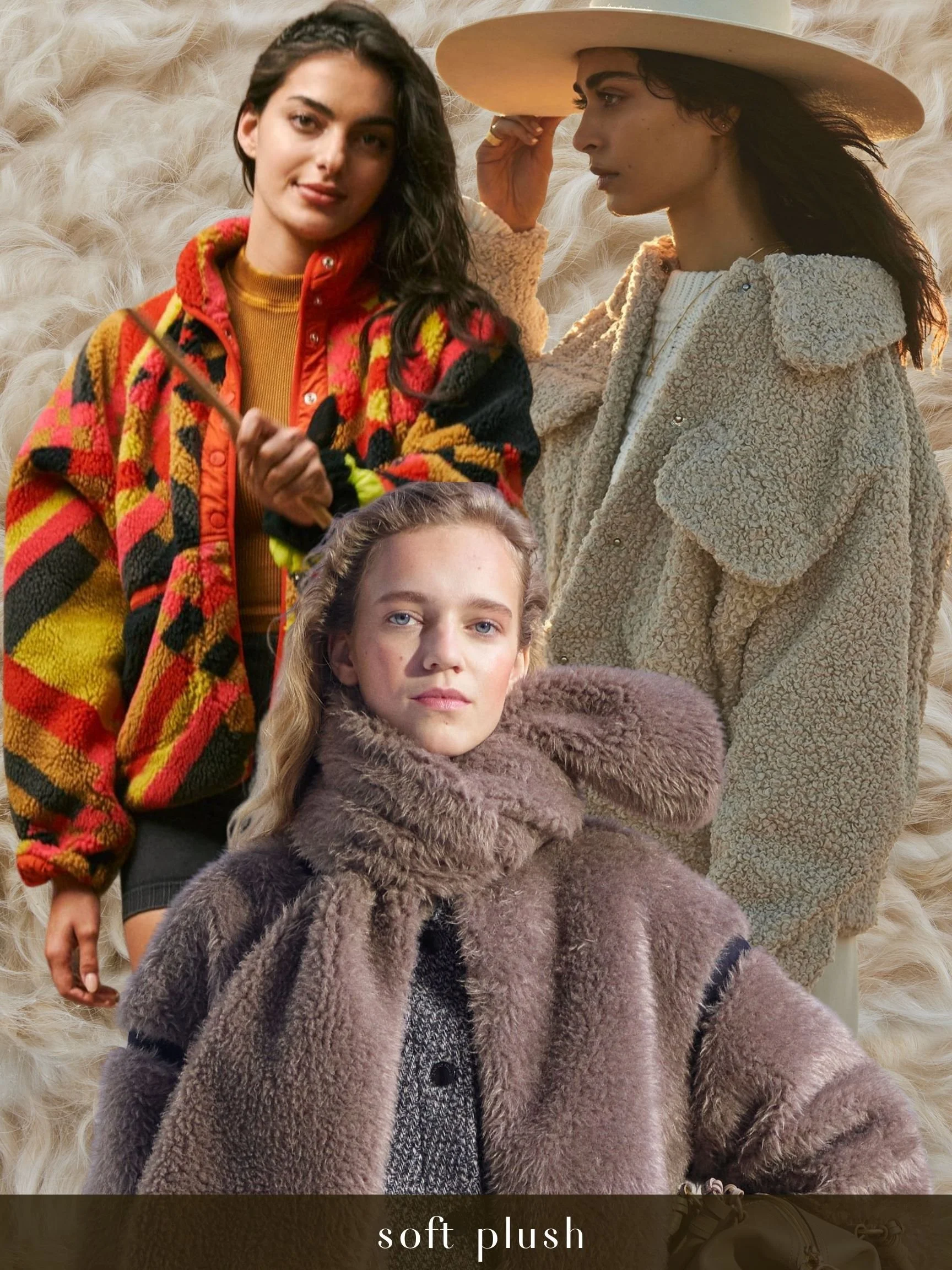 Three women dressed in cozy, plush outerwear with a soft, fluffy background.