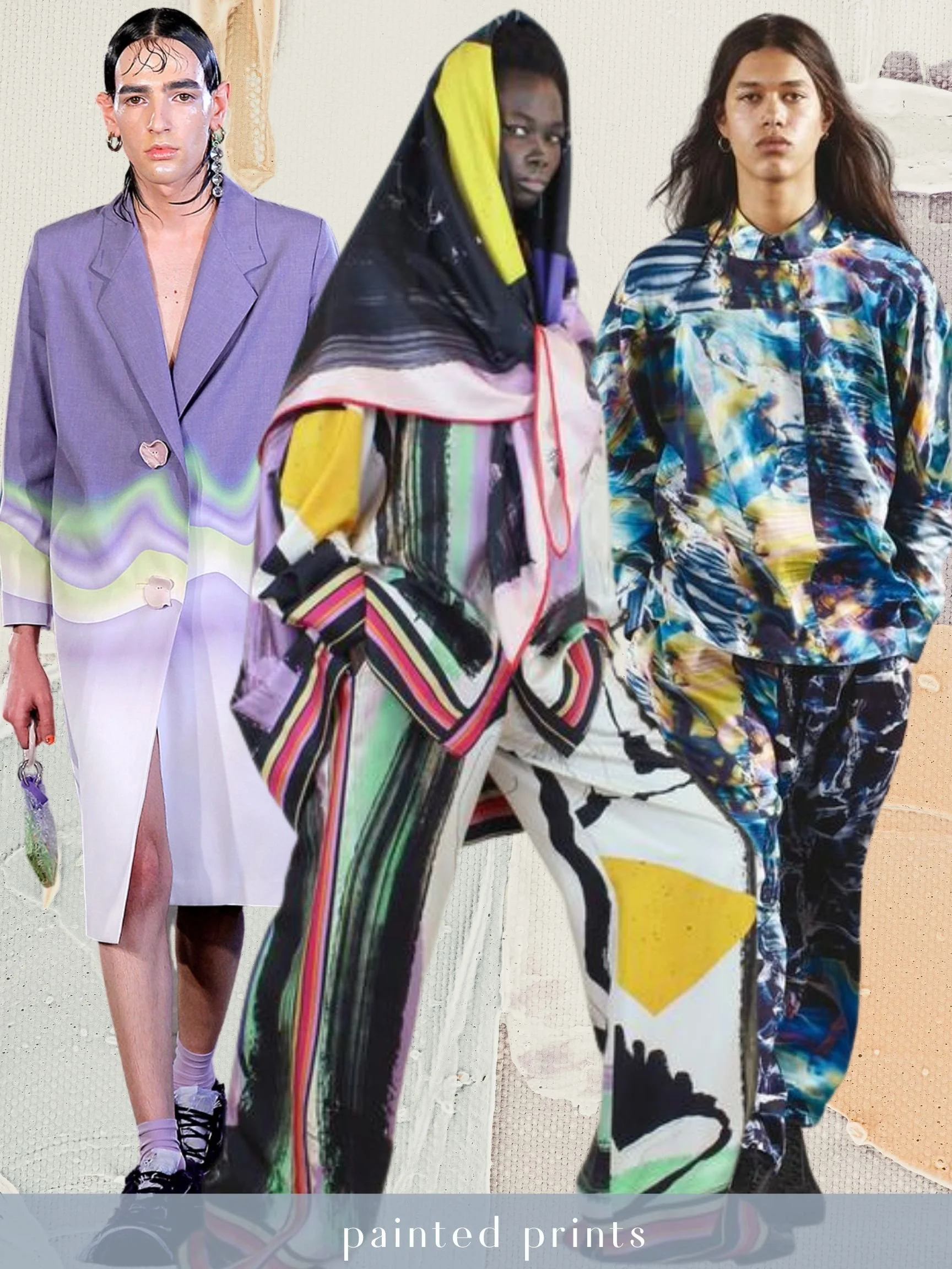 Three models wearing colorful, painted print clothing in a fashion photoshoot.