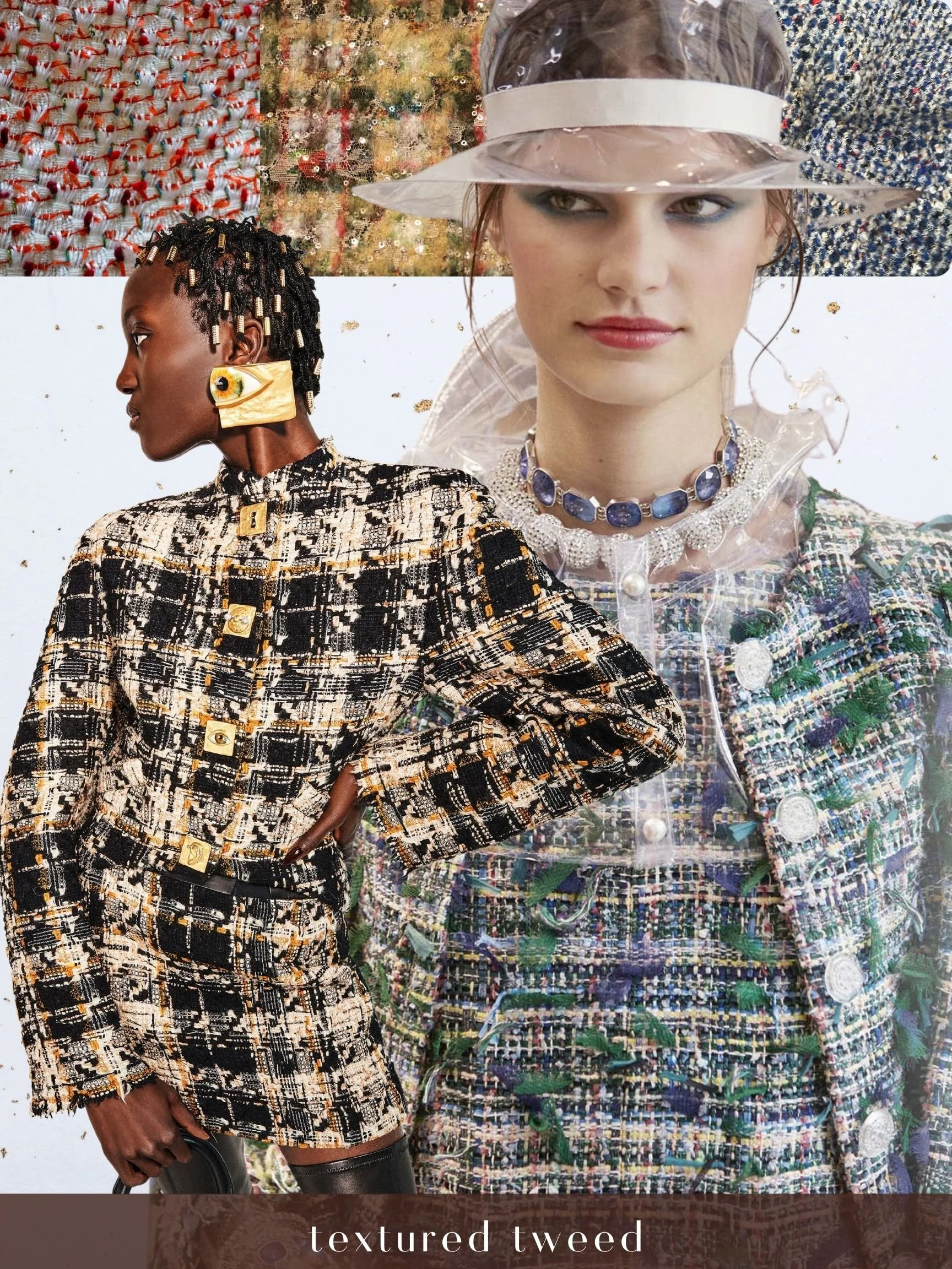 A fashion model wearing a textured tweed outfit with a matching jacket and skirt, paired with black tights and holding a small purse. The background features a collage of textured fabric samples and a morphing face of a woman wearing a transparent ra