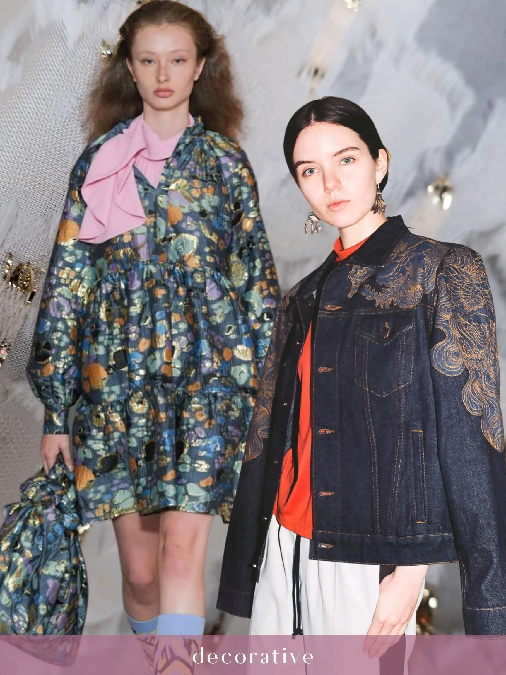 Two female models posing in colorful fashion outfits against a textured background with small metallic decorations.