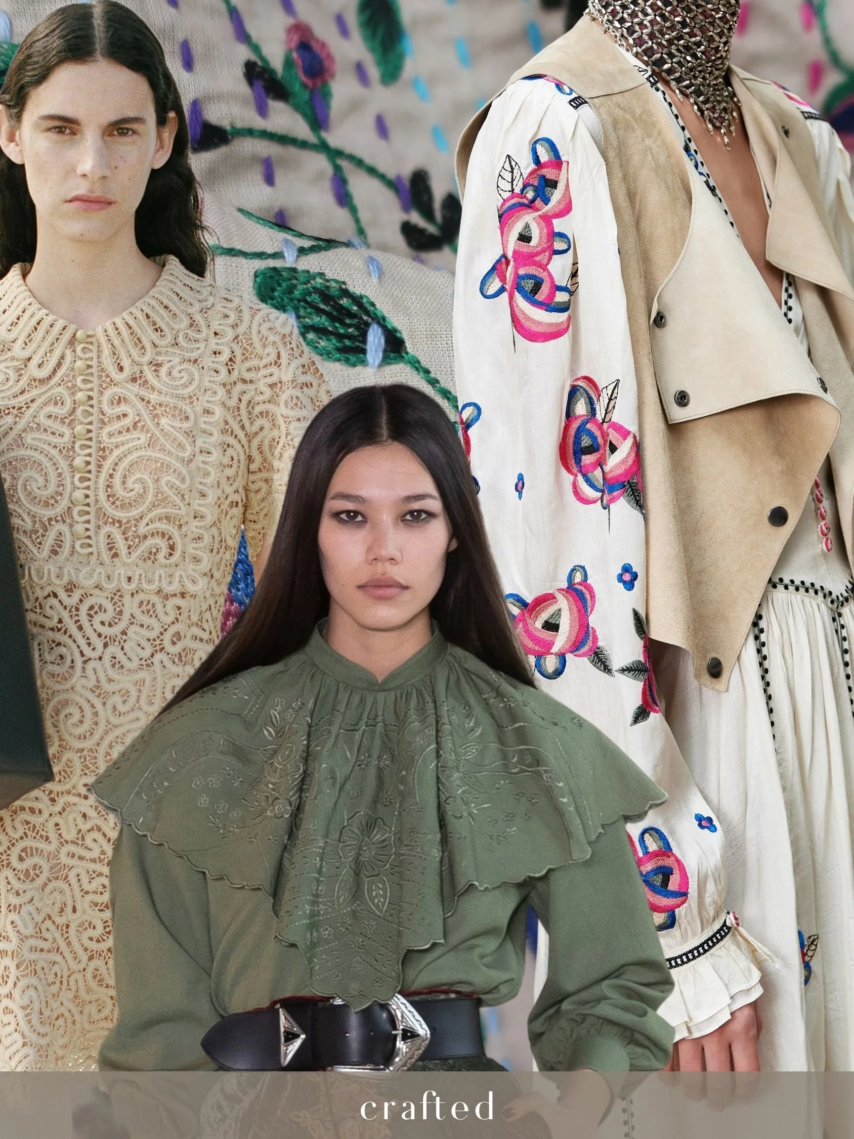 A young woman with long dark hair wearing a green embroidered blouse and a wide black belt, standing in front of a display of colorful, patterned clothing.