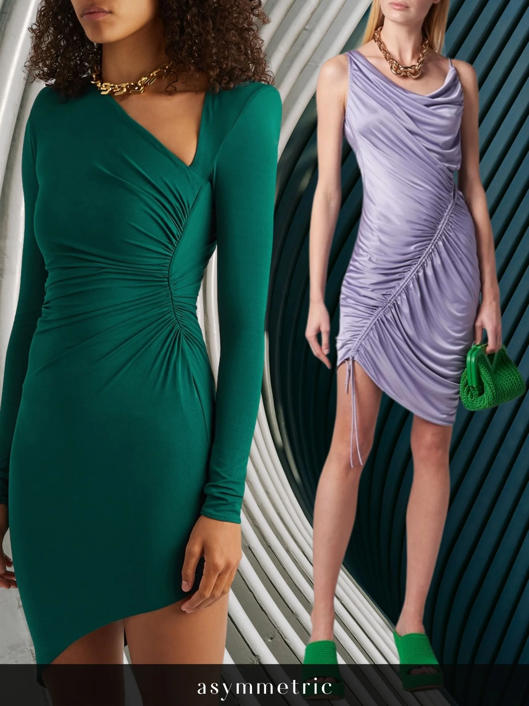 Two women wearing fashionable asymmetrical dresses, one in green with long sleeves and the other in lavender sleeveless with ruched details, both accessorized with chunky gold necklaces and holding a green purse.