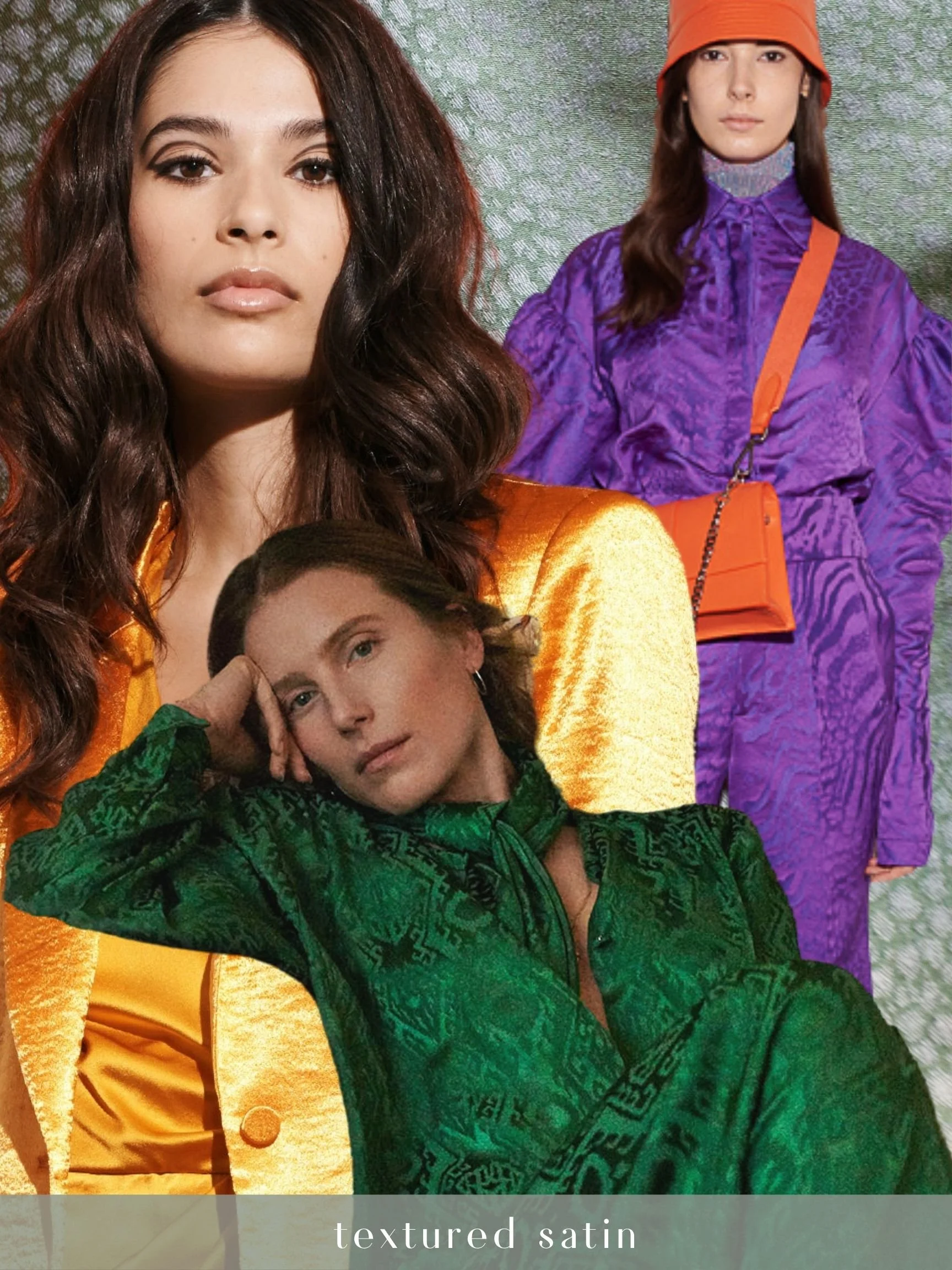 Fashion models dressed in colorful, textured satin and patterned clothing posing against a textured green background.