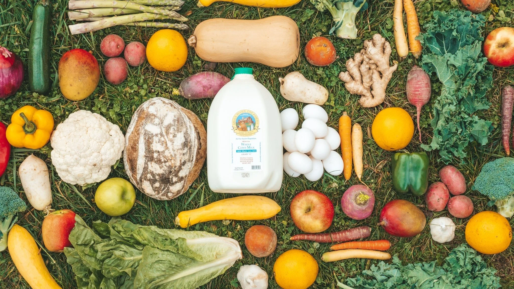 Fresh farm milk, bread, eggs, and vegetables beautifully arranged on lush grass at a farm – rustic and organic food photography.