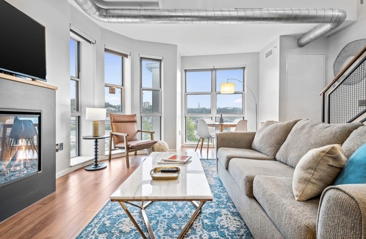 The living room of a Kasa apartment in South Side in Pittsburgh.