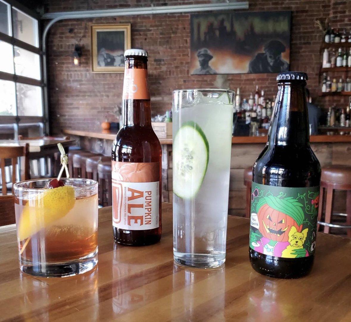Drinks sitting on a wooden table at The Summit in Pittsburgh
