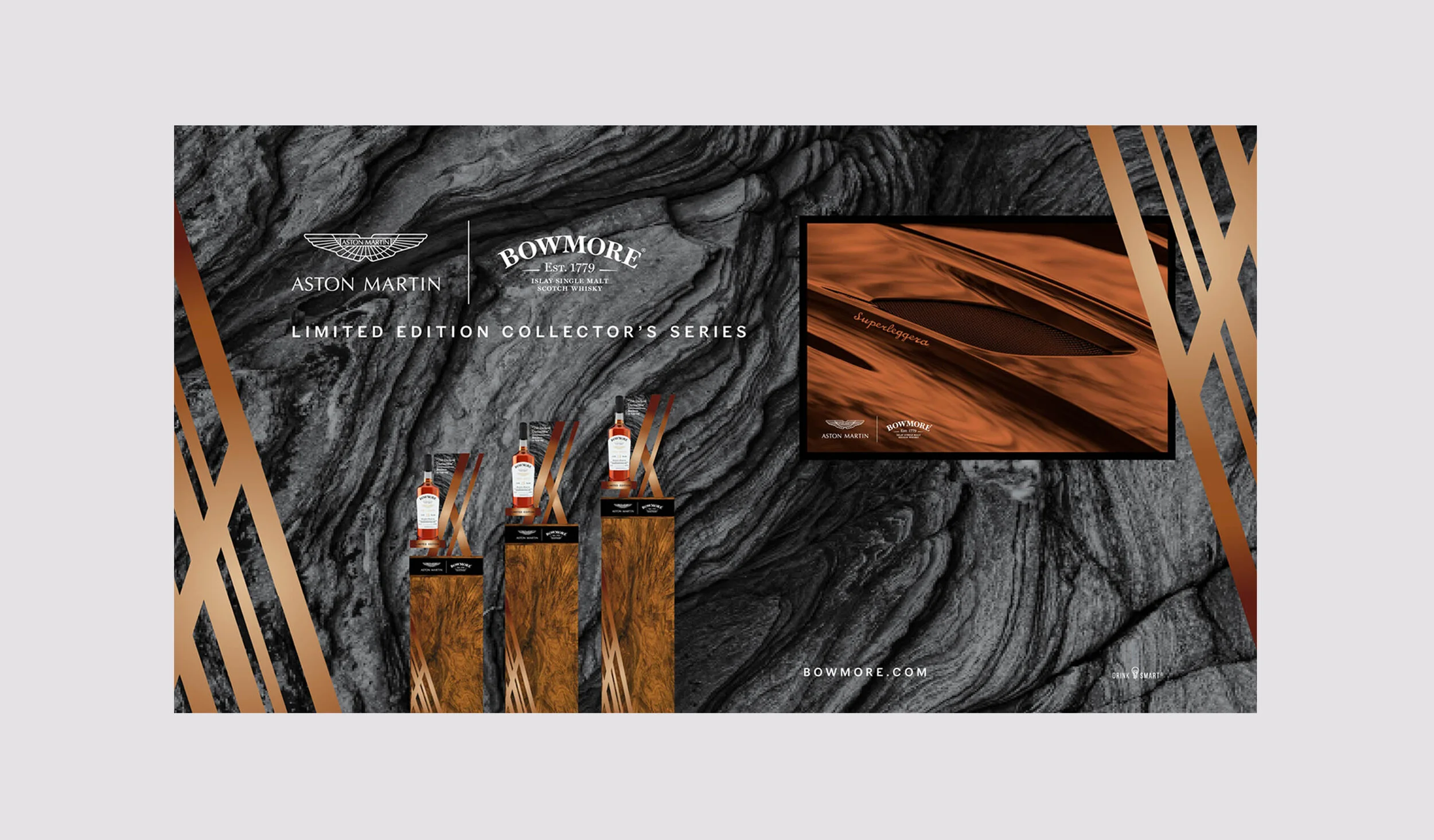 Initial 2d concept for large activation space with video screen for brand film. Machined brass, wood, acrylic