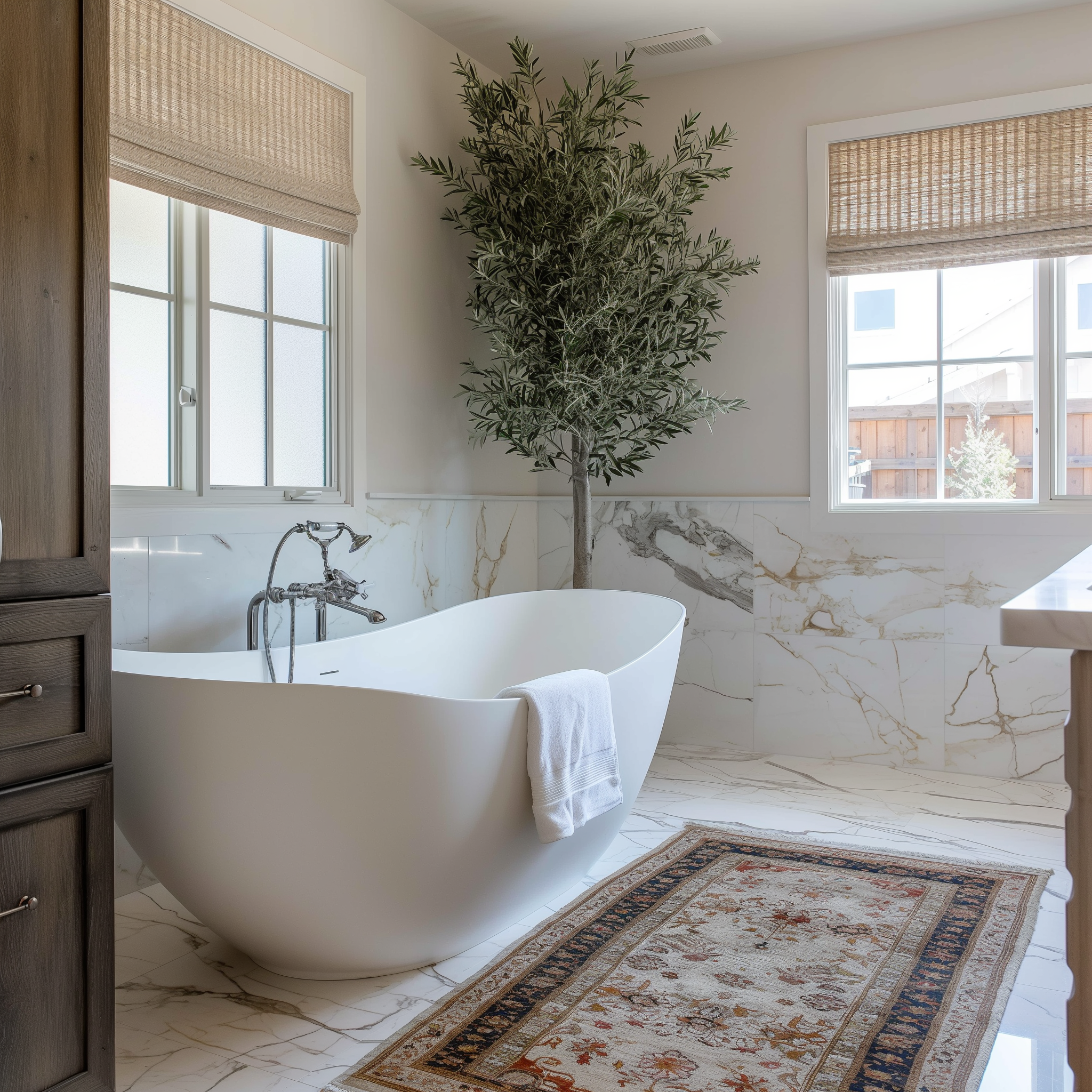 Bathroom with a white freestanding bathtub, a large potted plant, two windows with beige shades, marble tiles, and a patterned rug.