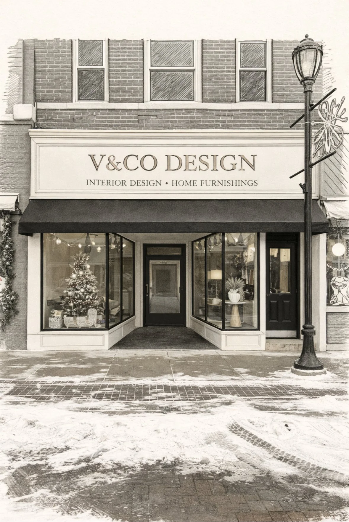 Storefront with sign 'V&Co Design, Interior Design, Home Furnishings' on a brick building, decorated with a Christmas tree, plants, and holiday lights in the windows, with snow on the sidewalk.