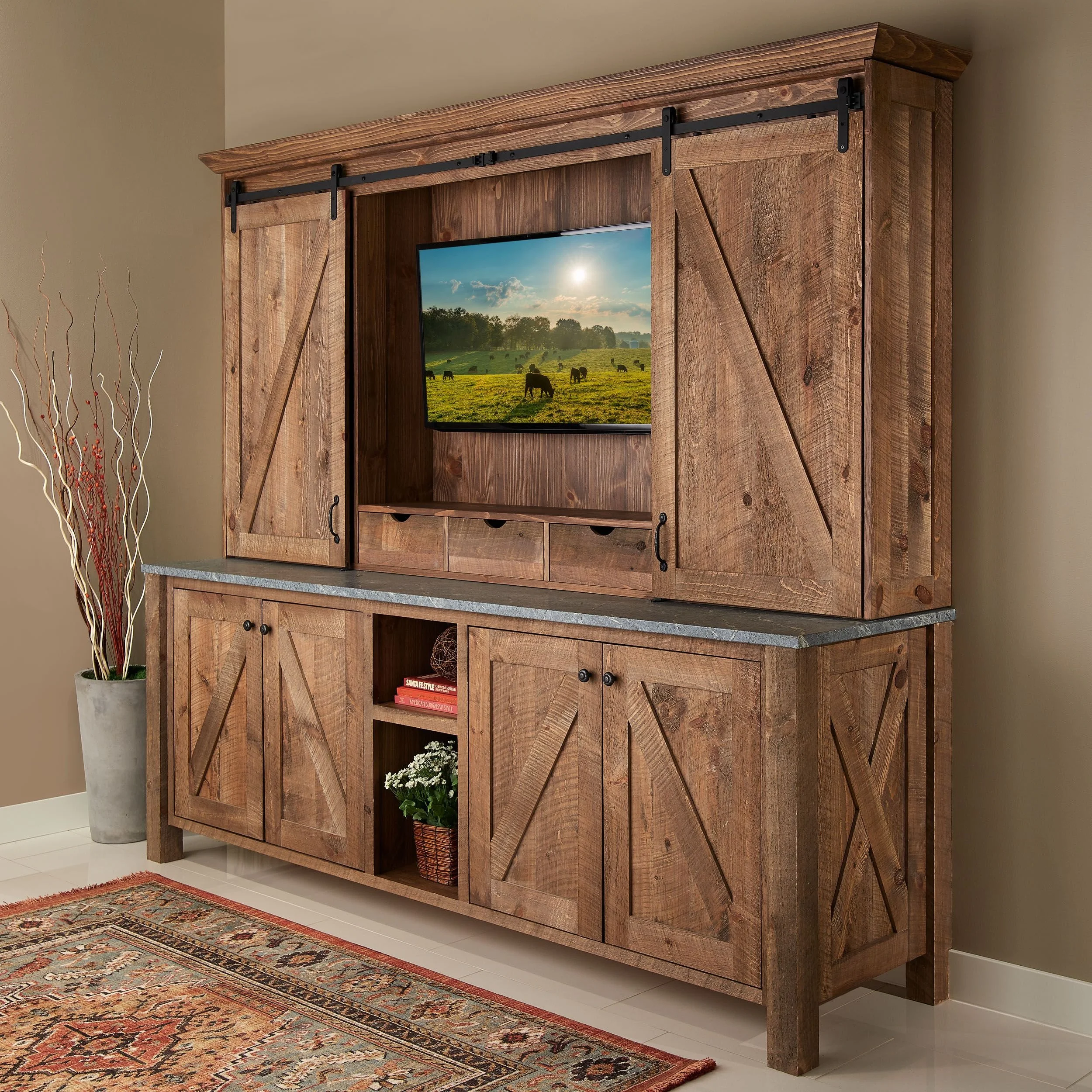 A wooden entertainment center with sliding barn doors, a flat-screen TV displaying a nature scene, and decorative plants on the floor.