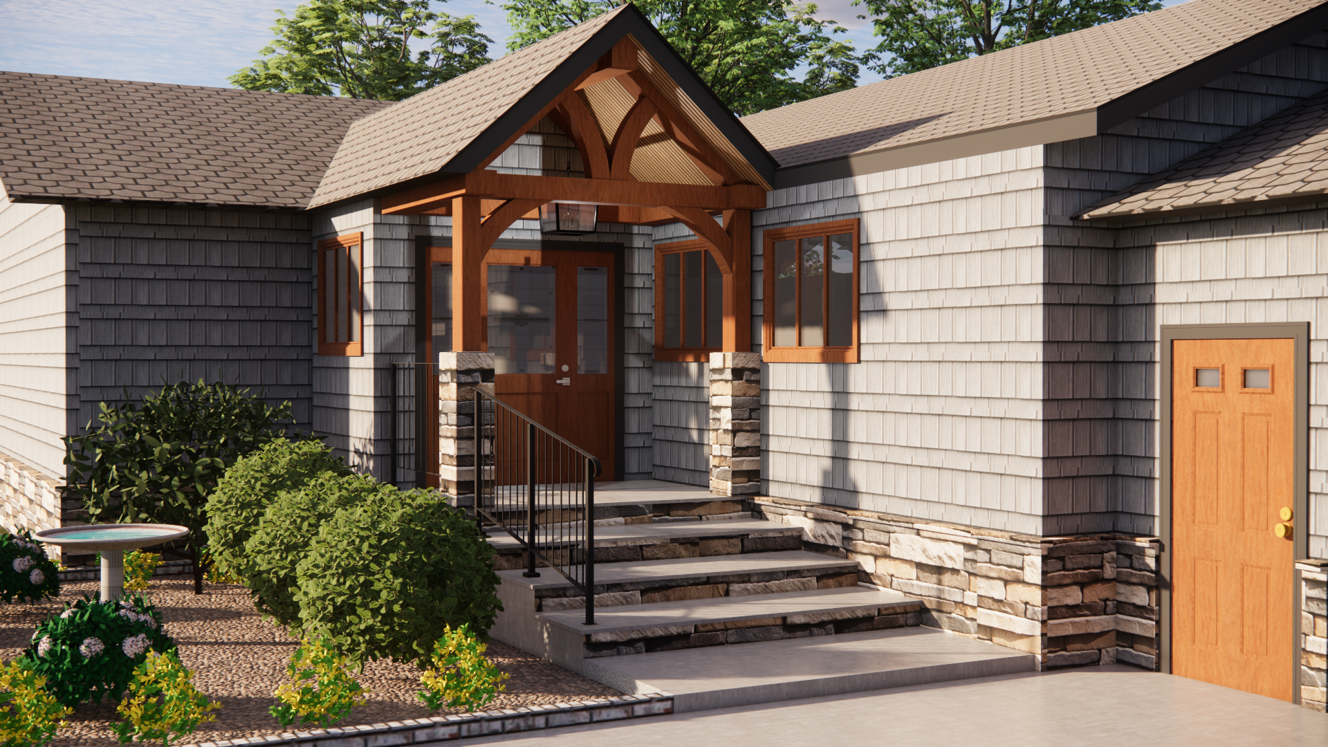 A modern house entrance with wooden and stone accents, a small porch with steps, and surrounded by greenery.