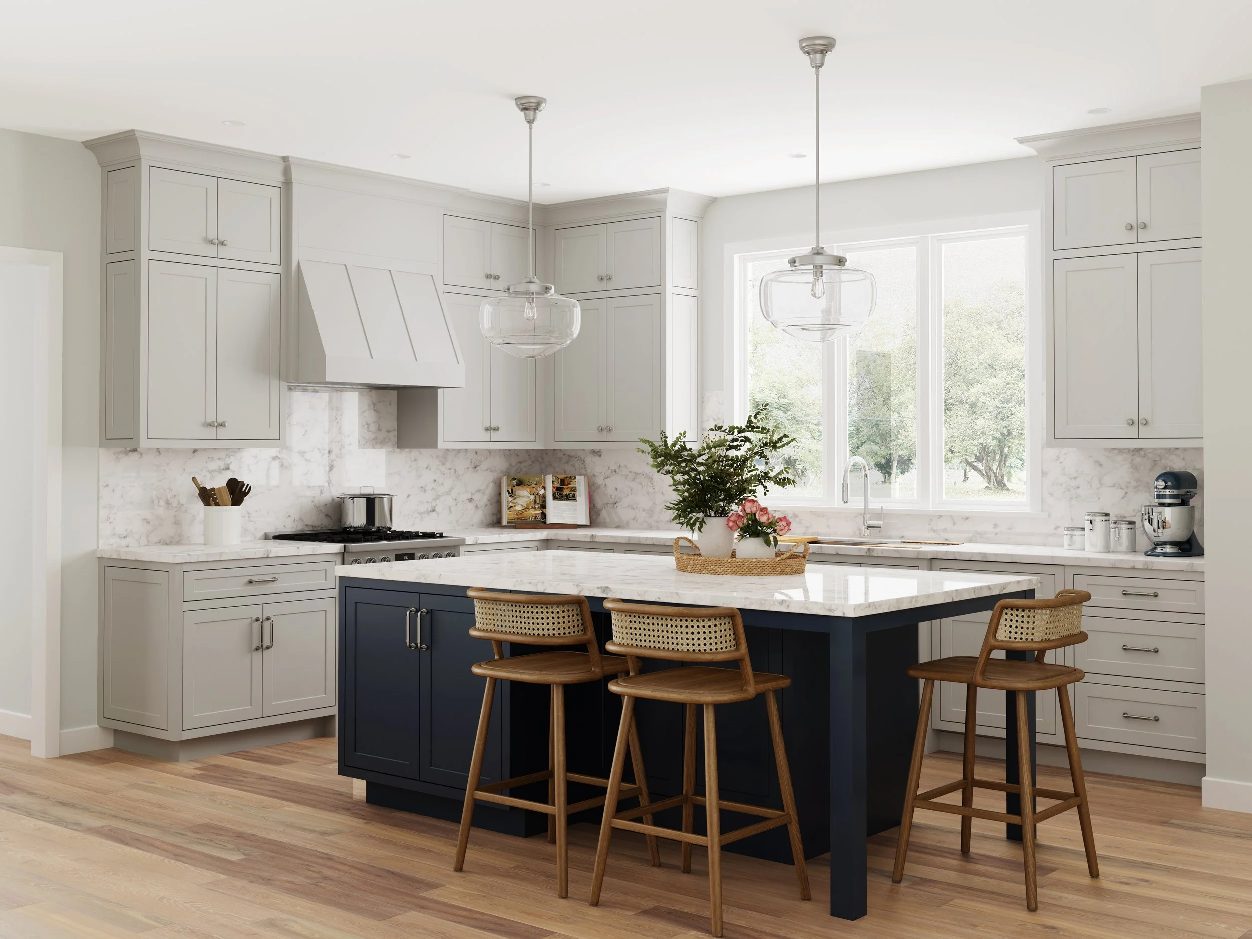 Modern kitchen with white cabinets, a navy blue island, a marble countertop, and three wooden bar stools, with large windows providing natural light.