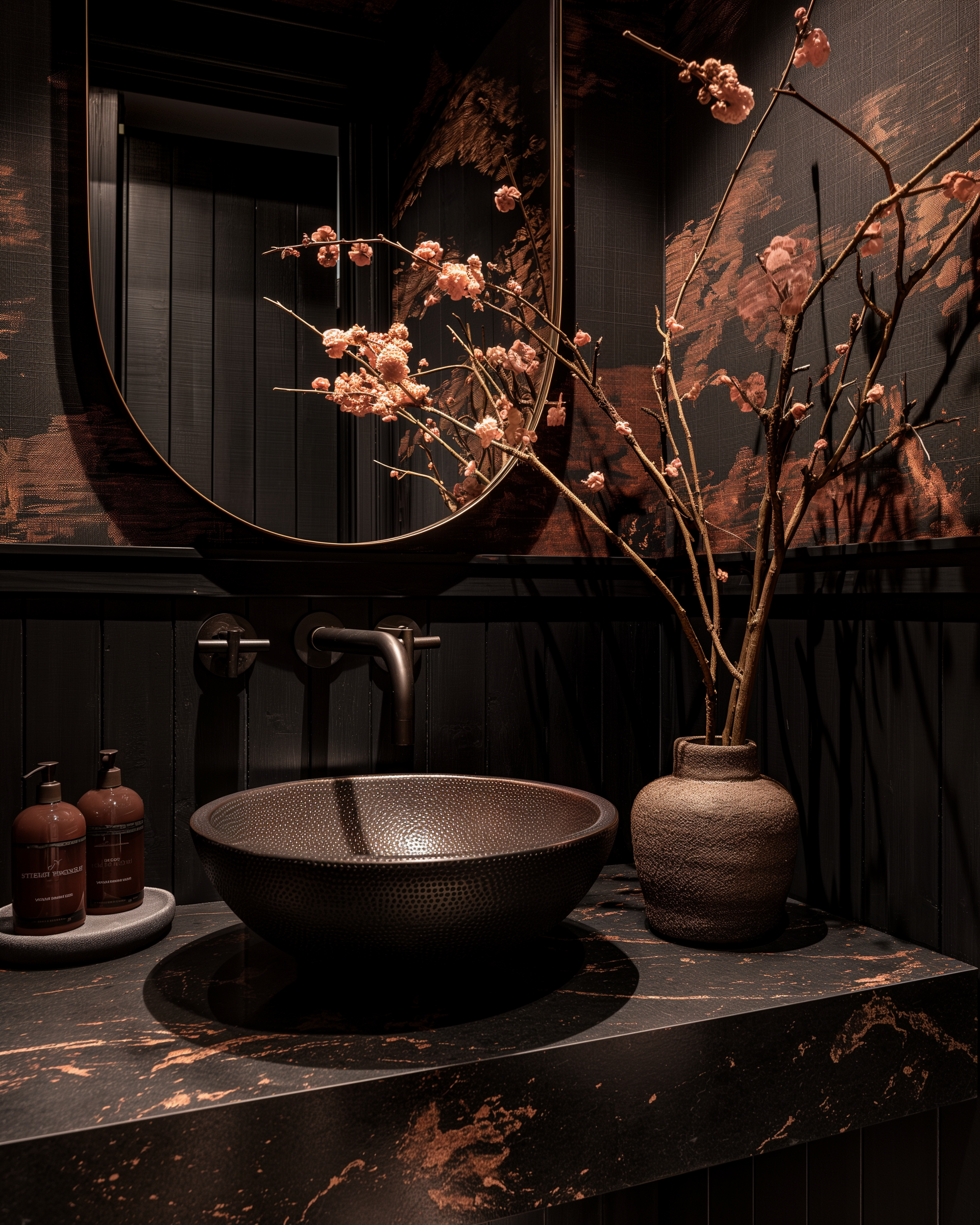 A dark-colored bathroom sink with a textured bowl, a large mirror, a branch with pink flowers in a textured vase, and two bottles of soap on a marbled countertop.