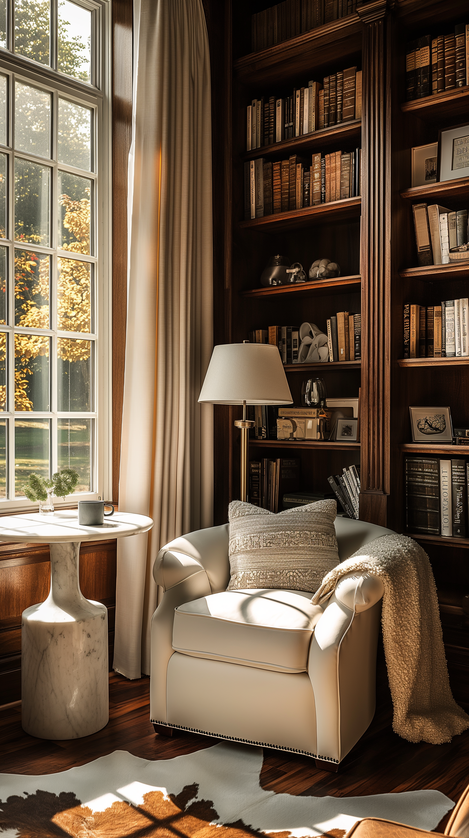 A cozy reading nook with a white armchair, a beige pillow, and a throw blanket, next to a window with sunlight, a table with a small plant, and a large dark wooden bookshelf filled with books, photos, and decorative items.