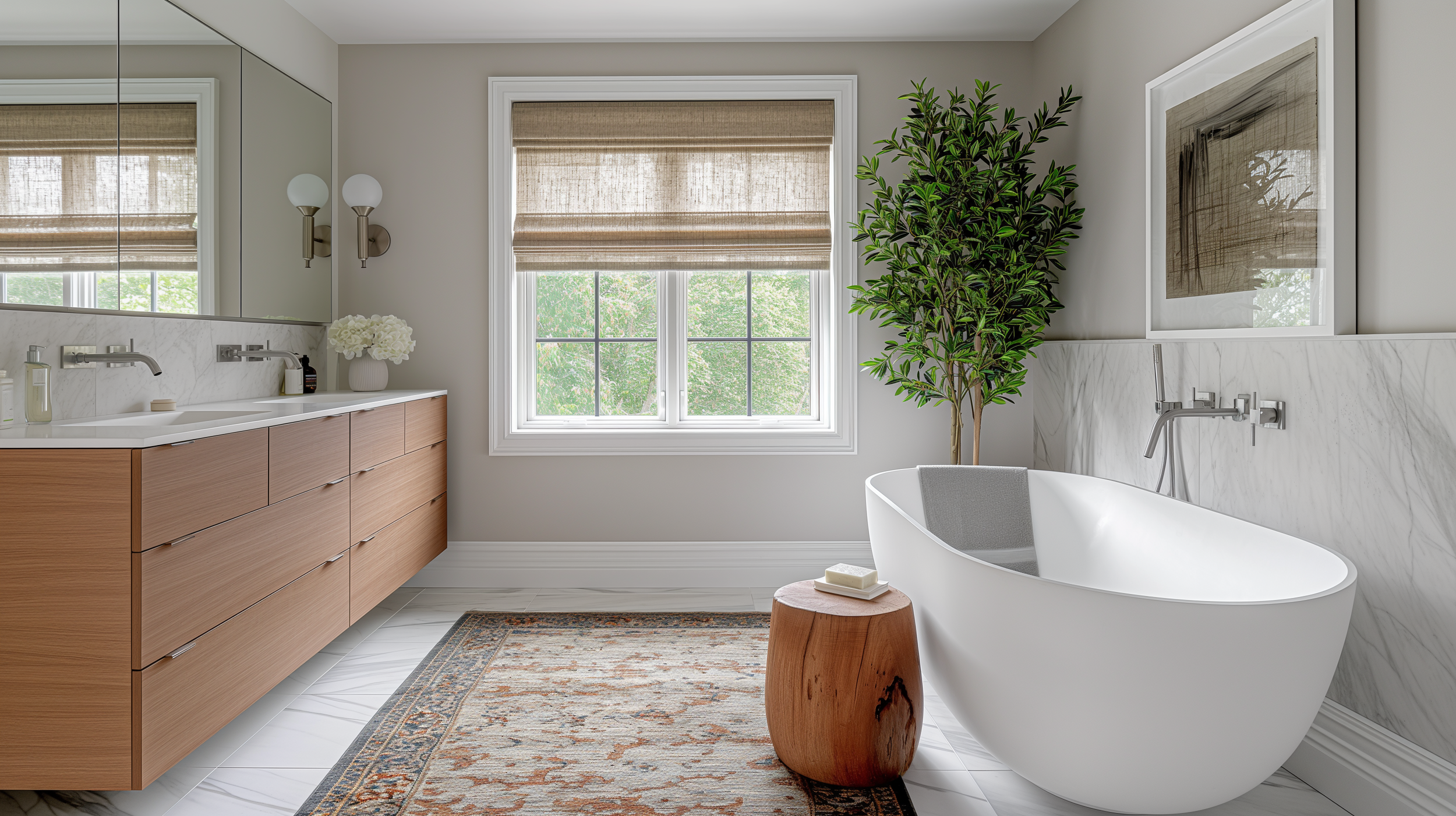 Modern bathroom with a white freestanding bathtub, a wooden side table with soap, a large window with beige shades, a wooden vanity with white sink, mirror cabinets, and a large potted plant. The bathroom has a light-colored tiled floor and a decorat