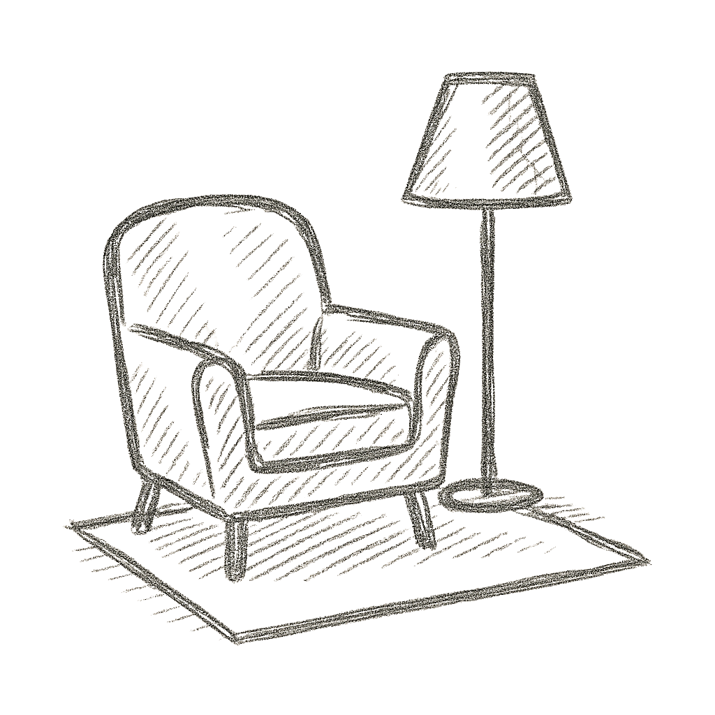 Drawing of a living room corner with an armchair, a floor lamp, and a small rug.