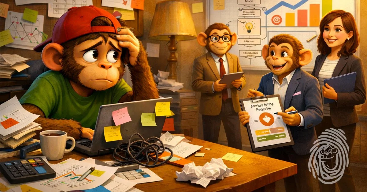 Small business owner overwhelmed at a cluttered desk while a professional marketing team presents a clear growth strategy.