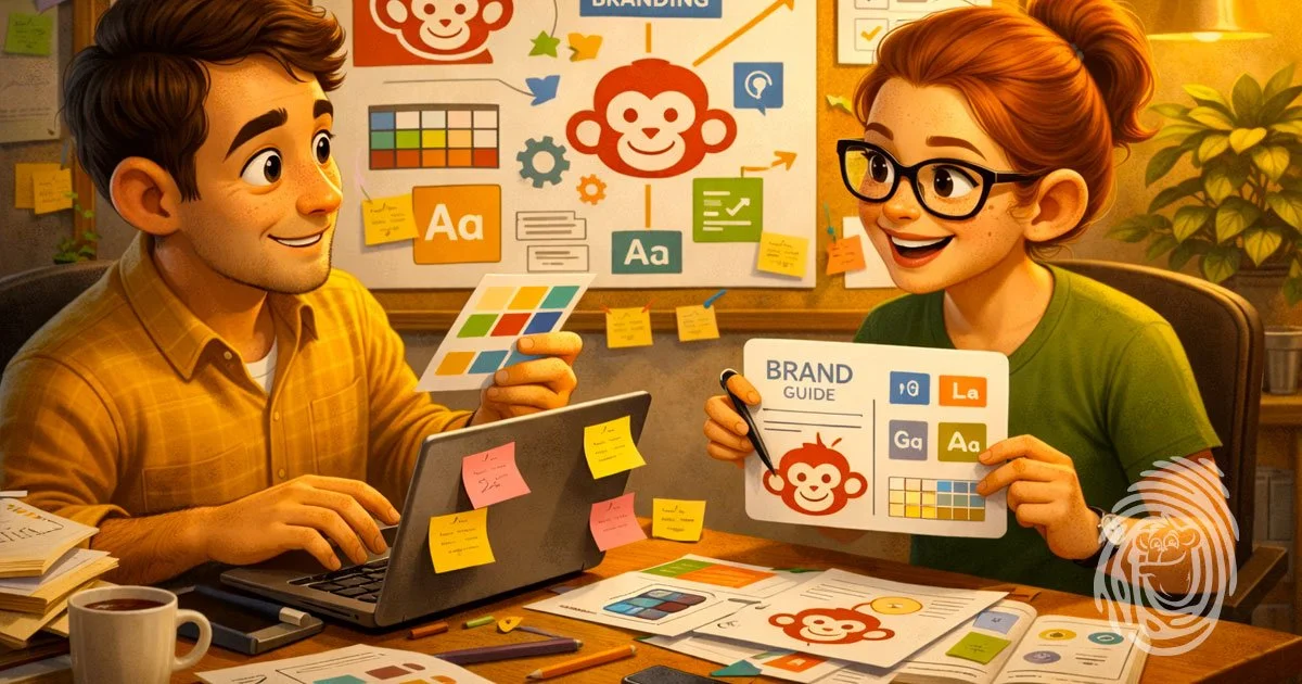 Small business owners collaborating on brand elements like logos, colors, and typography without a large internal team.