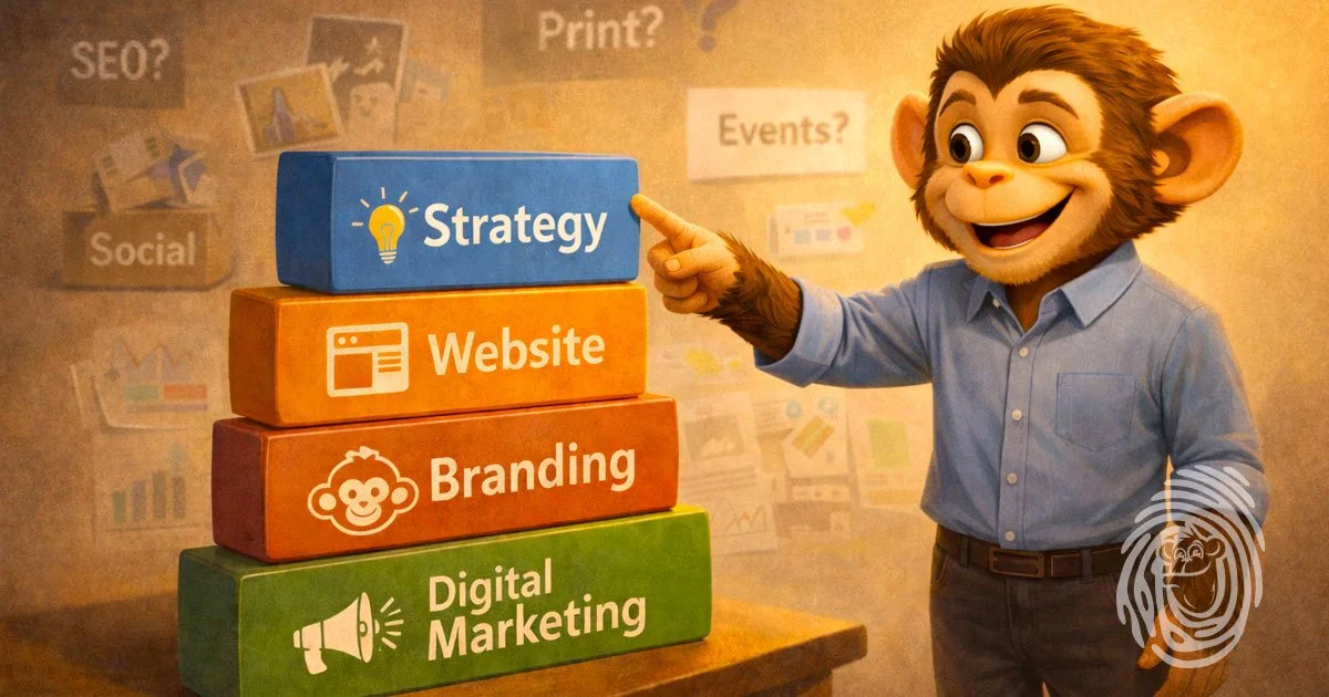Small business owner reviewing core marketing priorities including strategy, branding, website, and digital marketing.