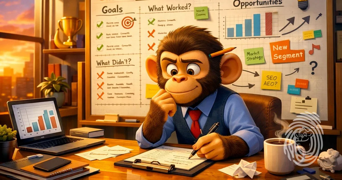 Animated illustration of a monkey business owner reviewing performance metrics and planning marketing strategies for the upcoming year