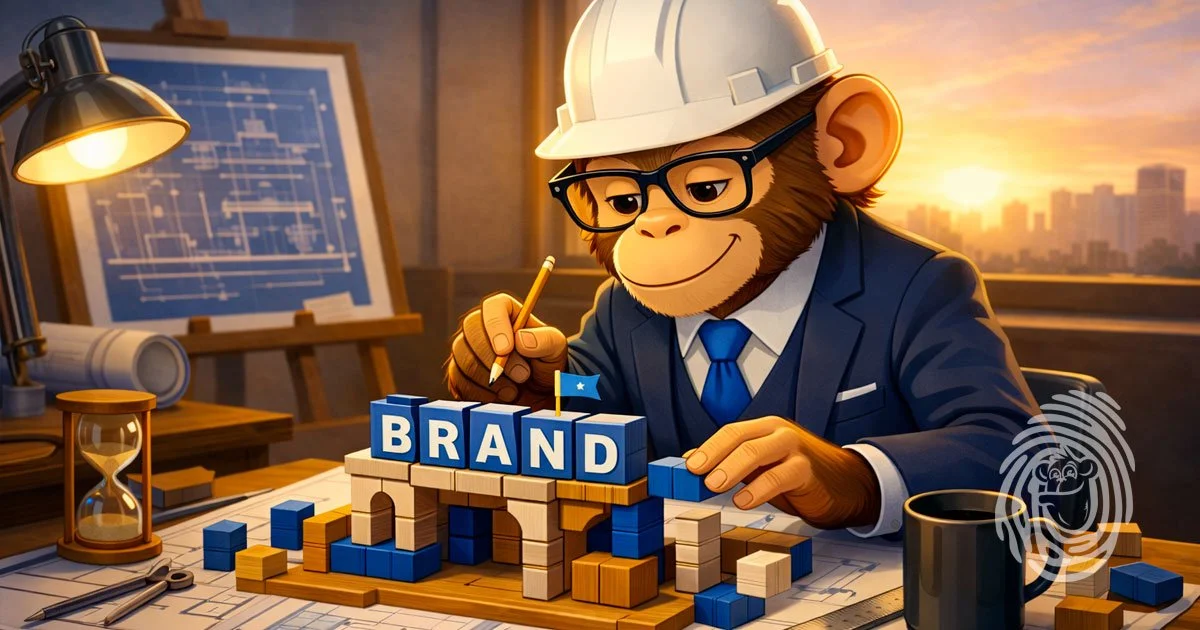 Professional business monkey in a modern office reviewing a long-term brand strategy, illustrating how consistent branding builds recognition and trust over time