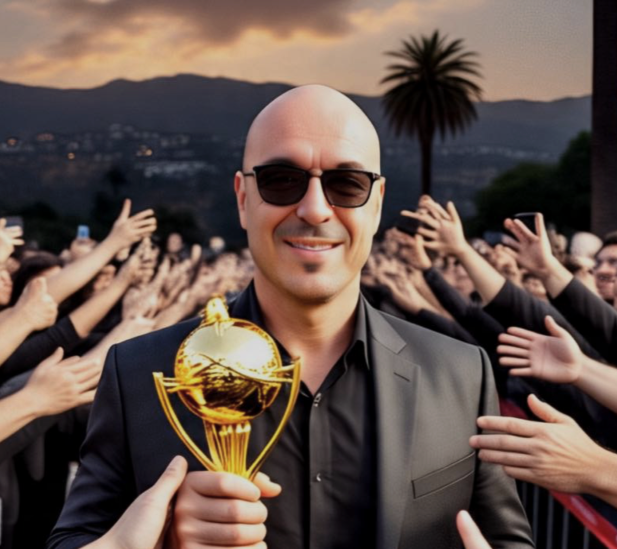 A bald man wearing sunglasses and a black suit smiling and holding a golden award trophy. He is surrounded by a crowd of people reaching out to him, with a sunset sky, mountains, and palm tree in the background.
