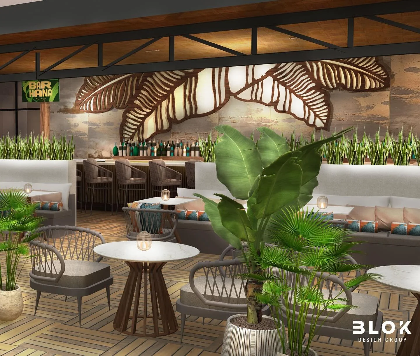 A back bar that raises the bar! The collaboration and creativity was so much fun while working on the new Bar Hana rooftop concept in St Pete Florida. This oversized unique back-lit tropical leaf will be the statement of this botanical rooftop! Comin