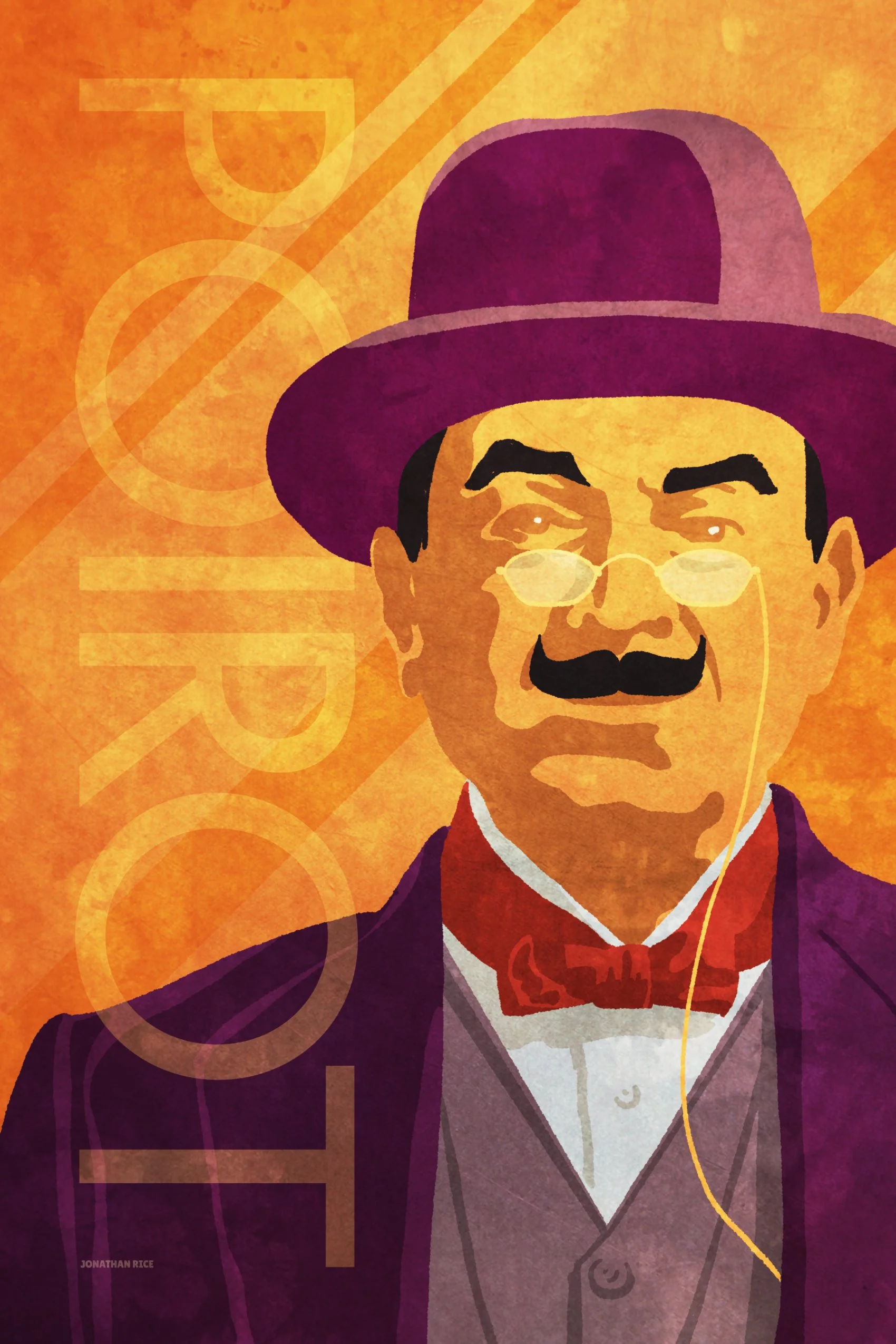 Illustrated portrait of Hercule Poirot as portrayed by David Suchet, stylized vintage detective poster with bow tie and monocle