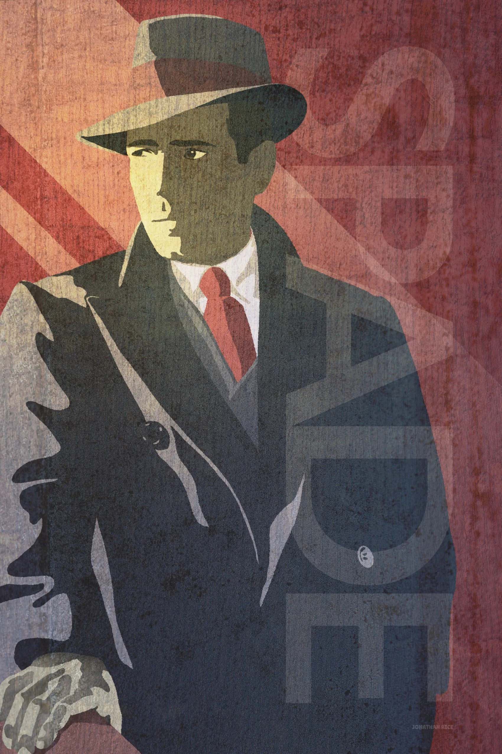 Illustrated portrait of Sam Spade as portrayed by Humphrey Bogart in The Maltese Falcon, noir film detective poster with fedora and trench coat